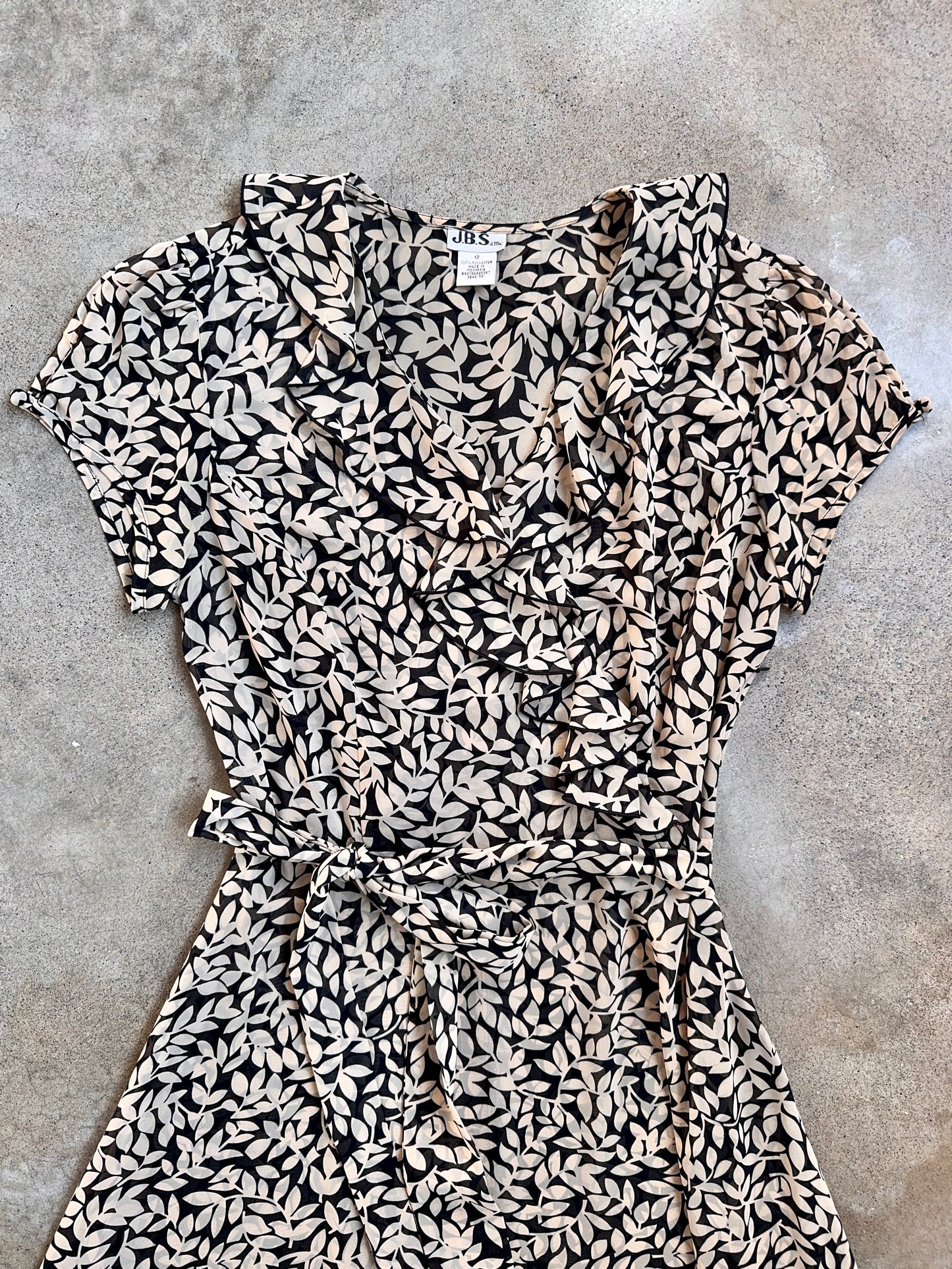 Vintage 1990s J.B.S. Black & Cream Floral Ruffle Trim Tie-Waist Dress | M/L