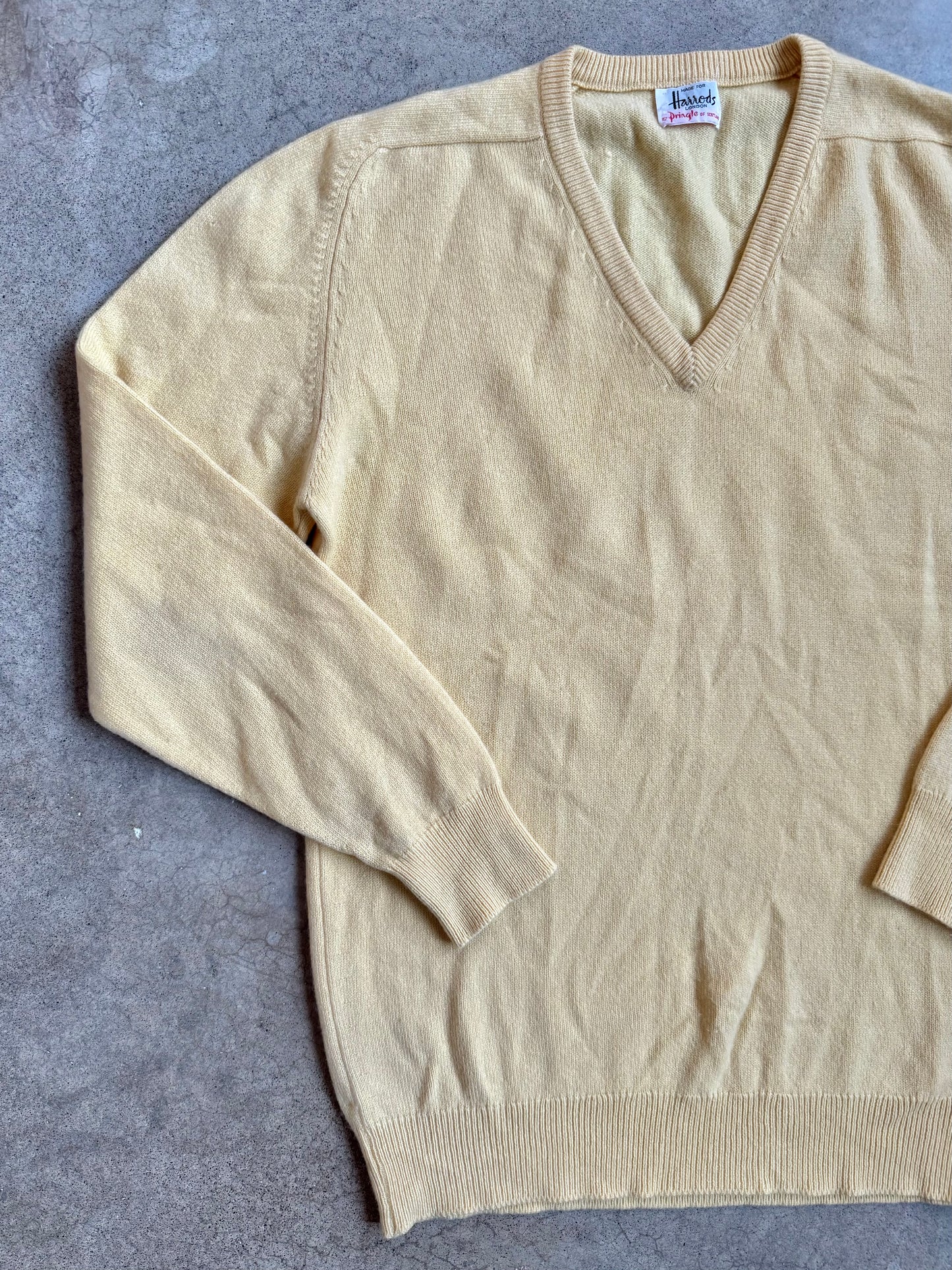Vintage 1960s Harrods by Pringle Scotland Yellow 100% Cashmere V-Neck Sweater | Large