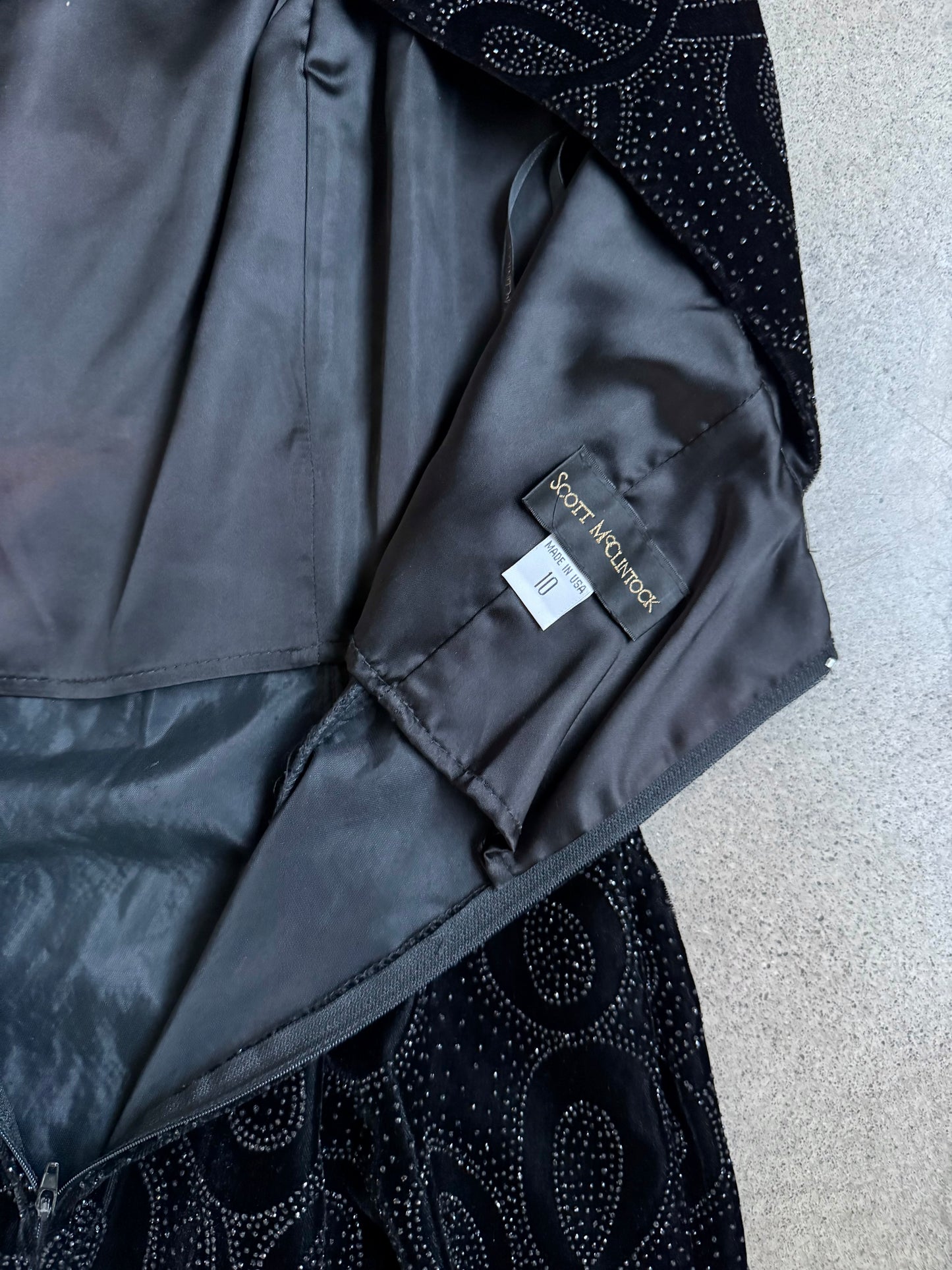 Vintage 1990s Scott McClintock Black Sparkly Velvet Formal Dress | 10