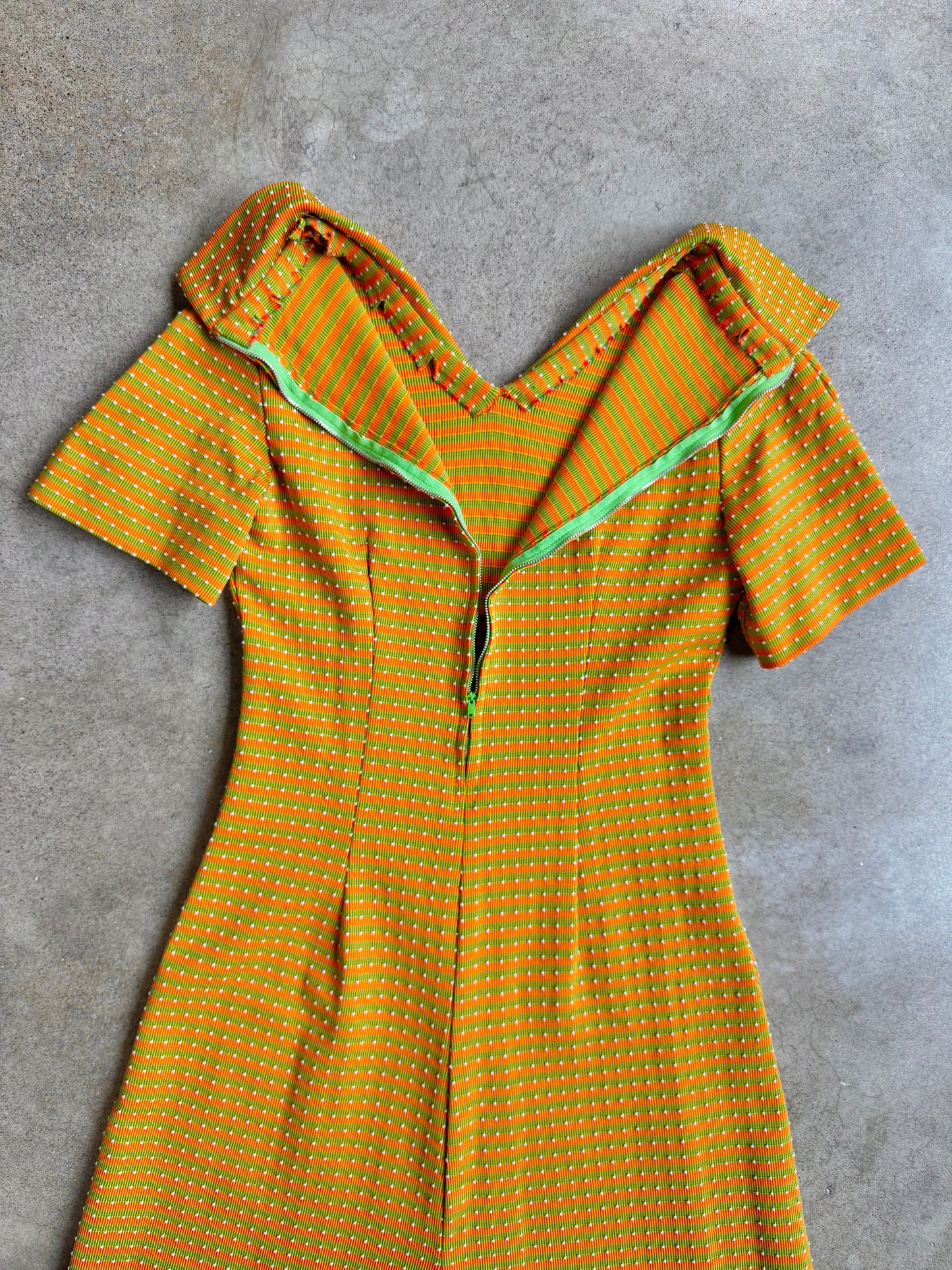 Vintage 1960s Handmade Orange & Green Striped Collared Midi Dress | Small