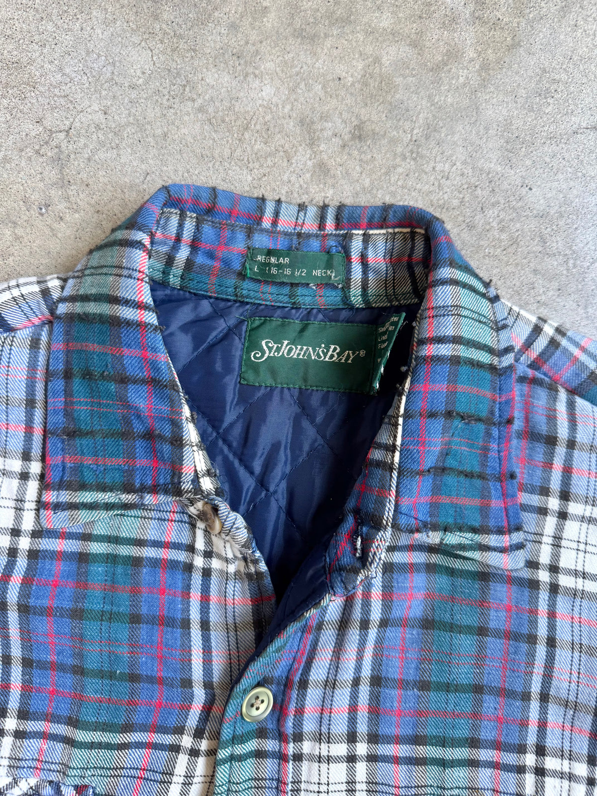 Vintage 1990s St. John’s Bay Blue Plaid Insulated Flannel Shirt Jacket | Large