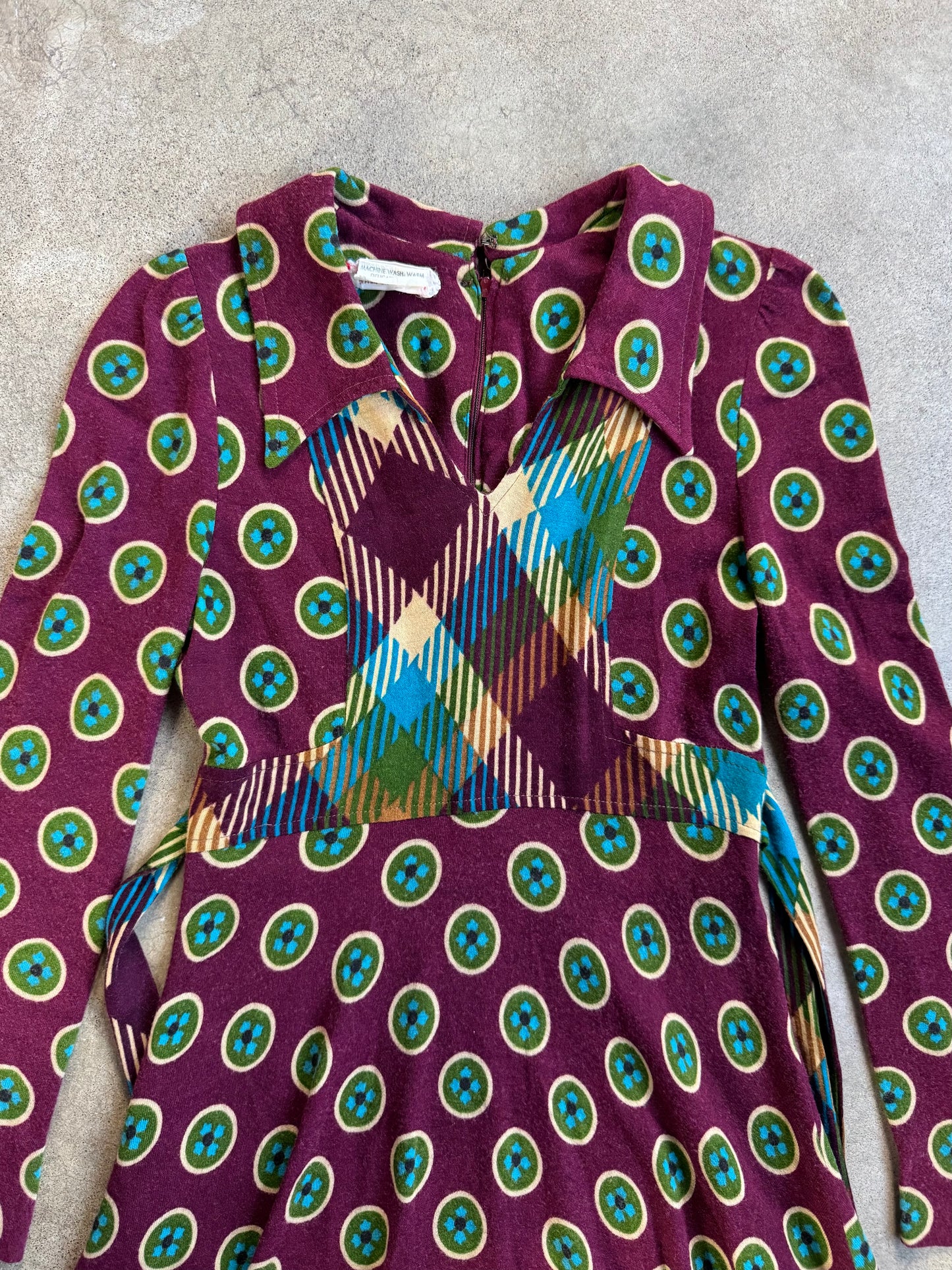 Vintage 1960s Mindy Malone Burgundy Multi-Pattern Collared Dress | XS