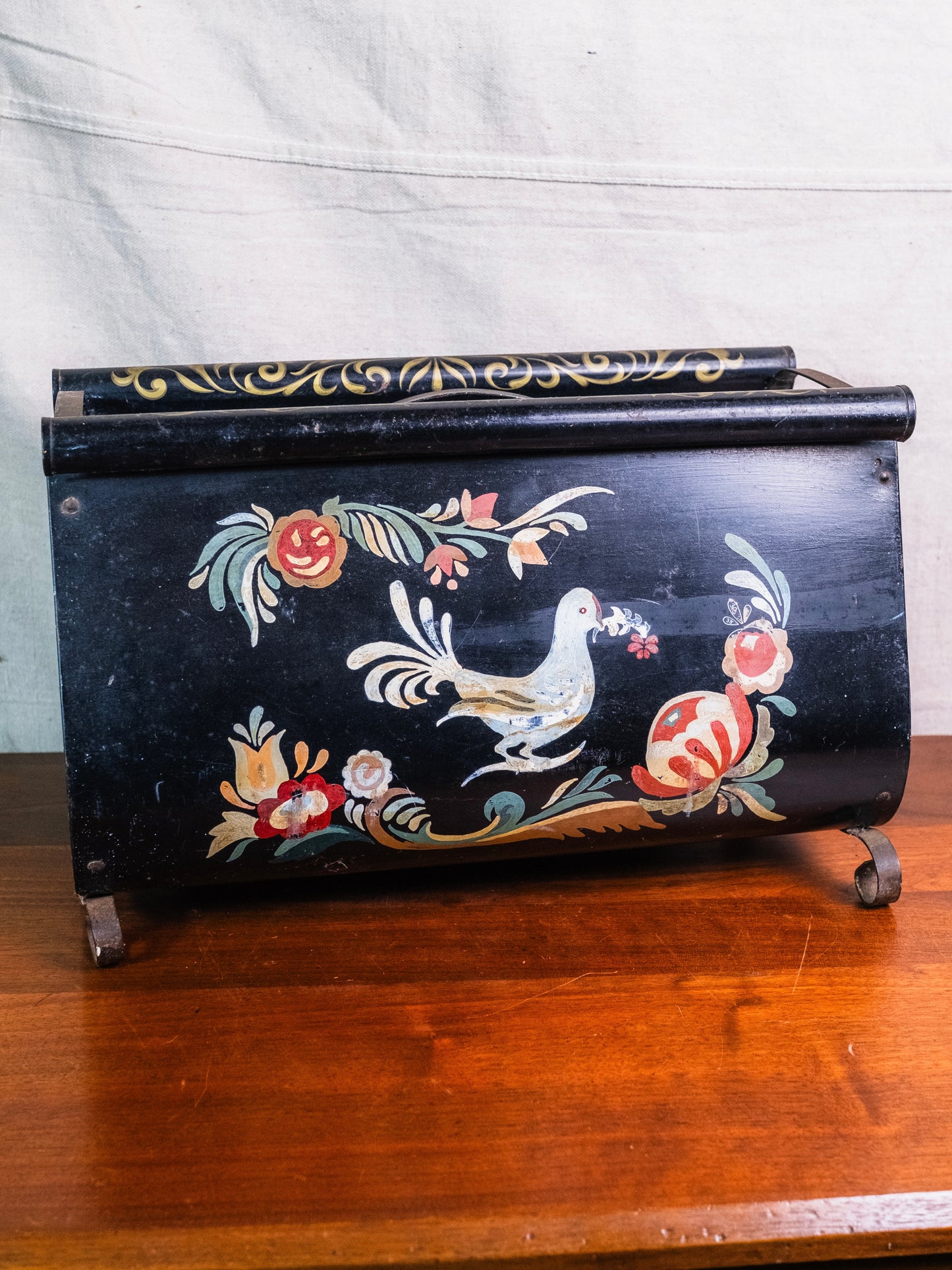 Vintage 1940s Black Metal Hand-Painted Tole-Style Magazine Holder