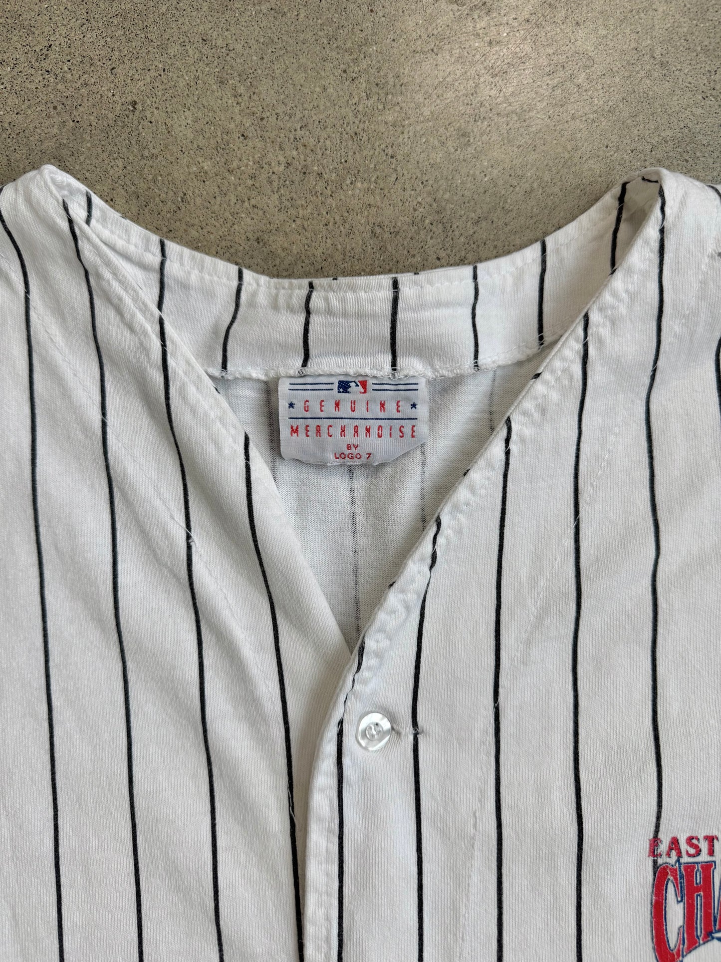 Vintage 1990s Logo 7 Atlanta Braves Pinstripe Cotton Baseball Jersey | XL