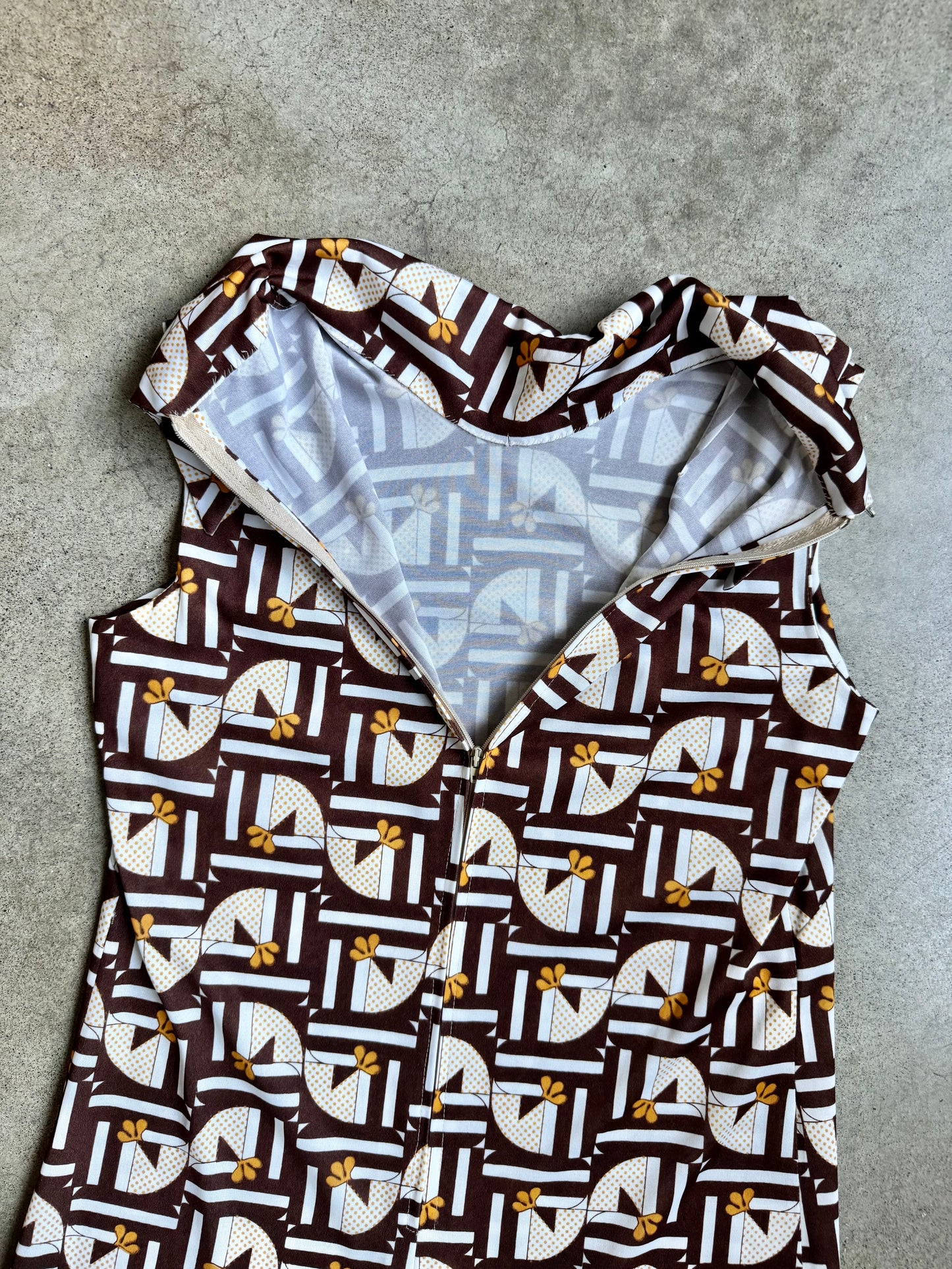 Vintage 1960s Handmade Brown & Yellow Geometric Floral Mod Dress | S/M
