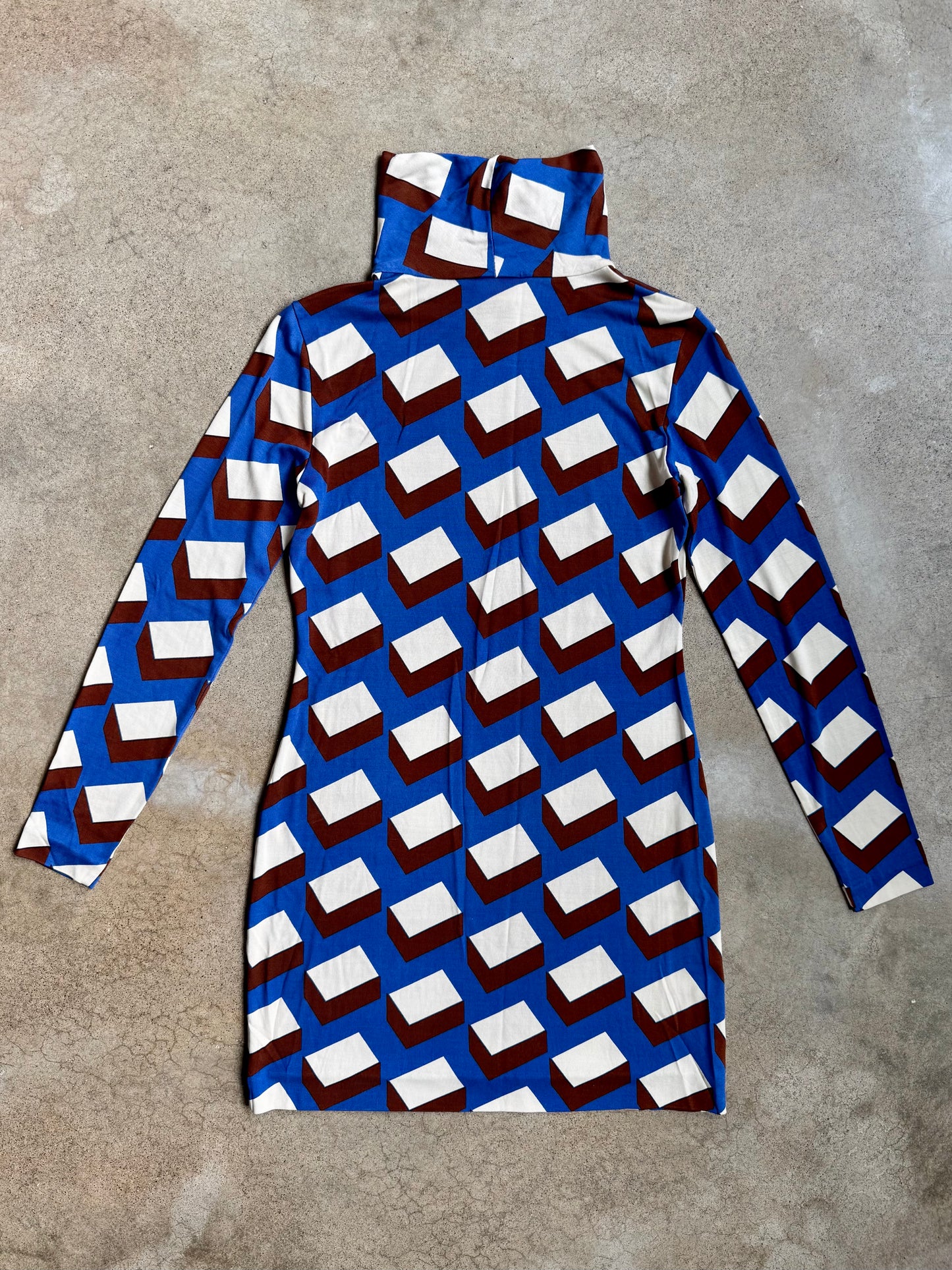 Vintage 1990s Diane Von Furstenberg 100% Silk Geometric Turtleneck Mini Dress | Small