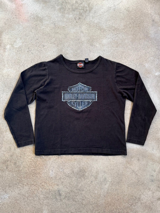 2000s Boston Harley Davidson Denim Graphic Long Sleeve Cotton Tee | Small