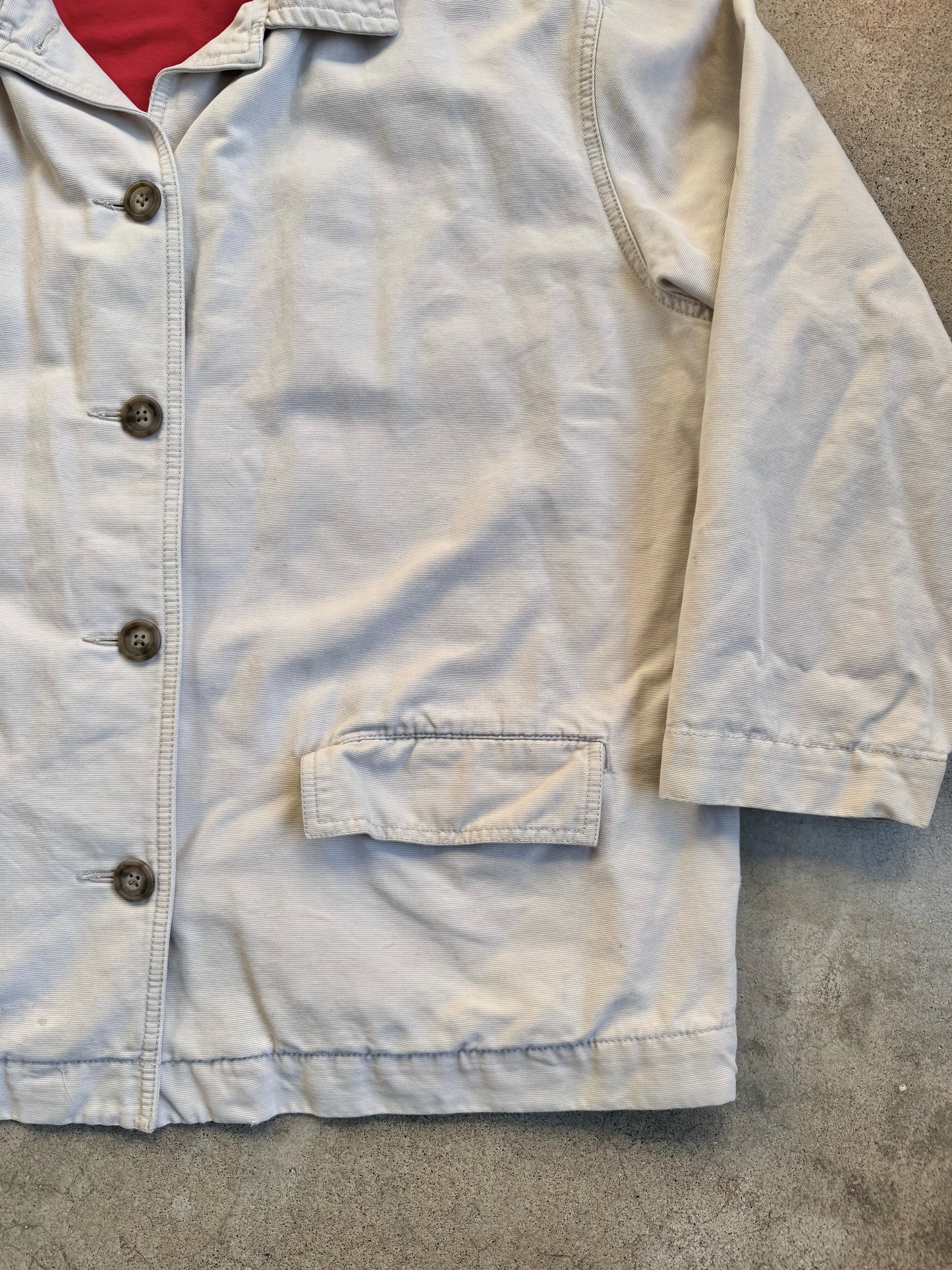 Vintage 1990s Eddie Bauer Beige Canvas Red Lined Chore Jacket | XL