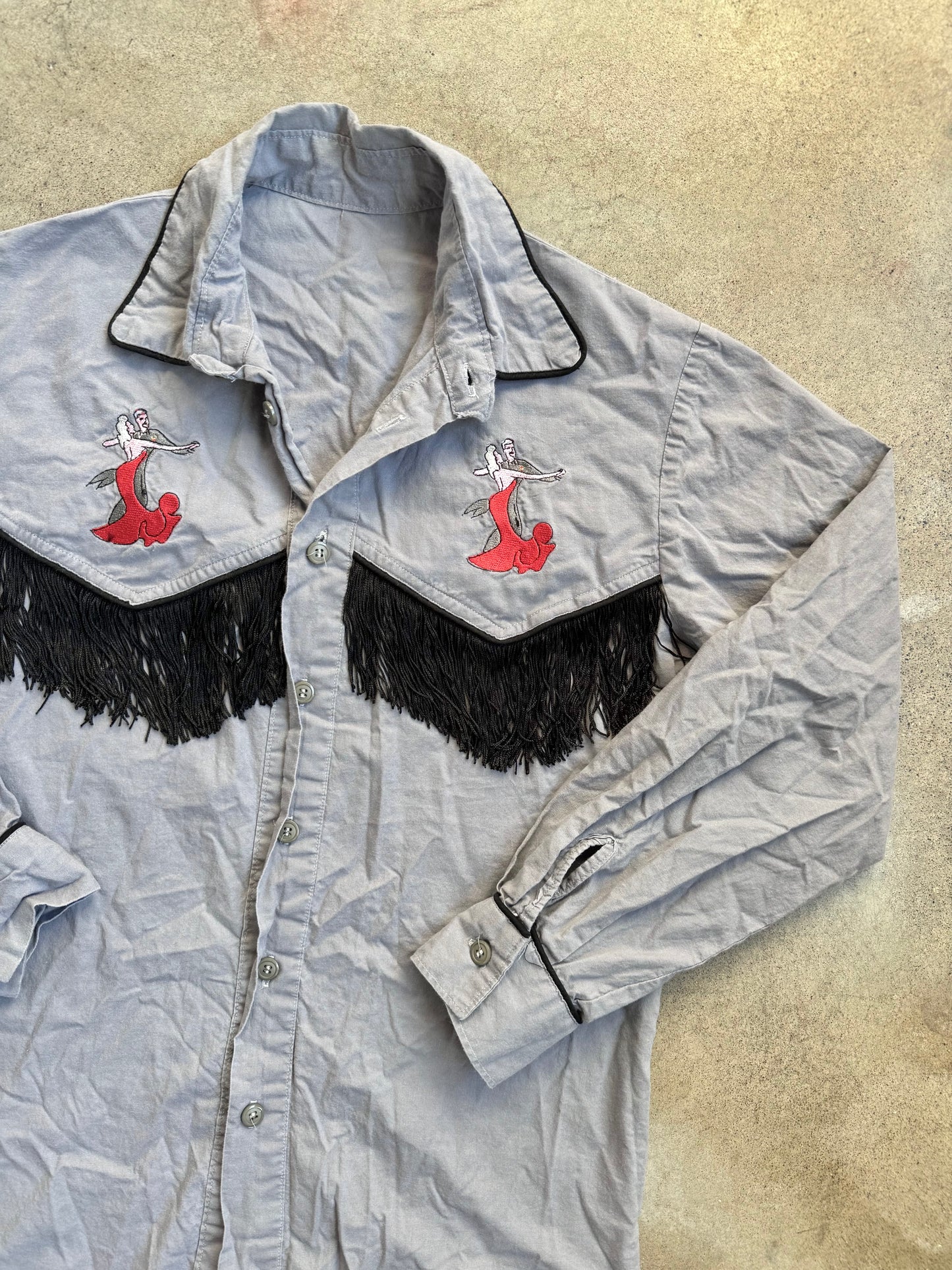 Vintage 1970s Grey & Black Fringe "Dancers" Western Shirt | Large