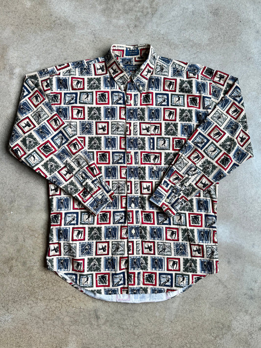 Vintage 1990s Chaps Ralph Lauren Skier Graphic Cotton Button-Down Shirt | Medium