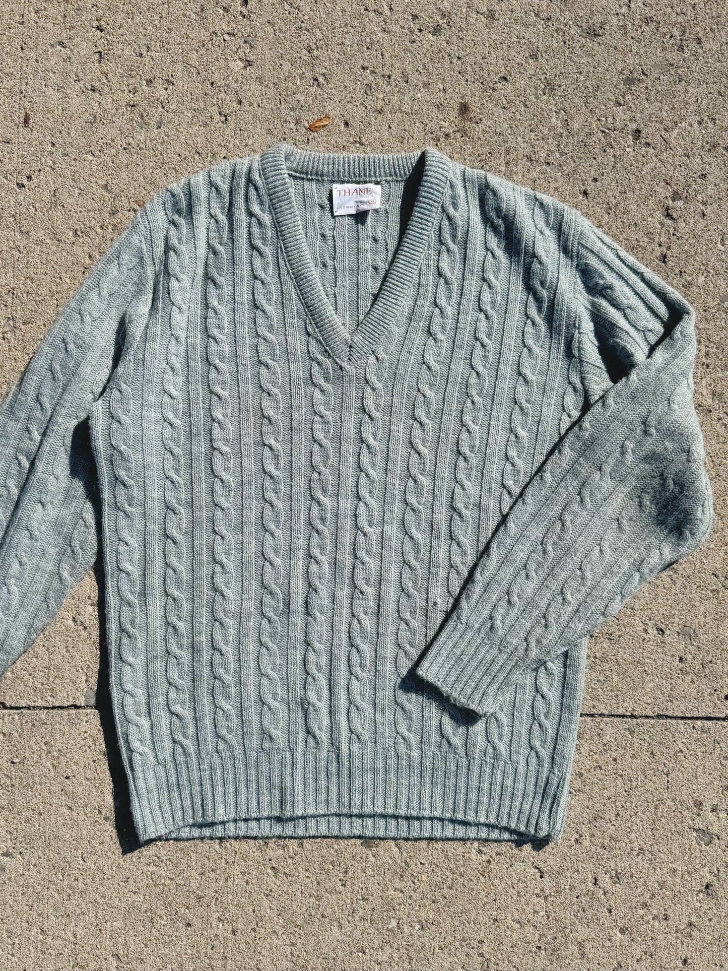 Vintage Thane Grey Cable Knit V-Neck Sweater