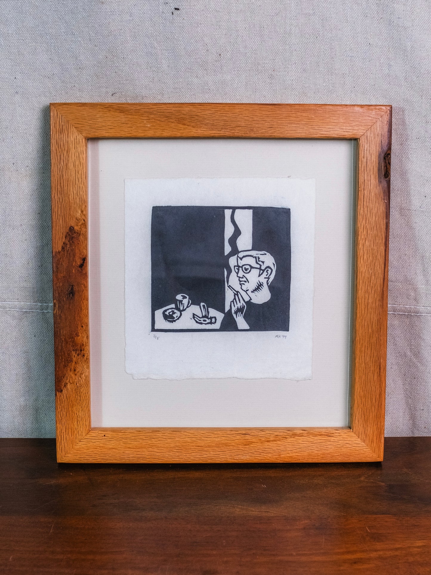 Vintage Framed "Smoking Man" Ink Drawing Artwork | Signed