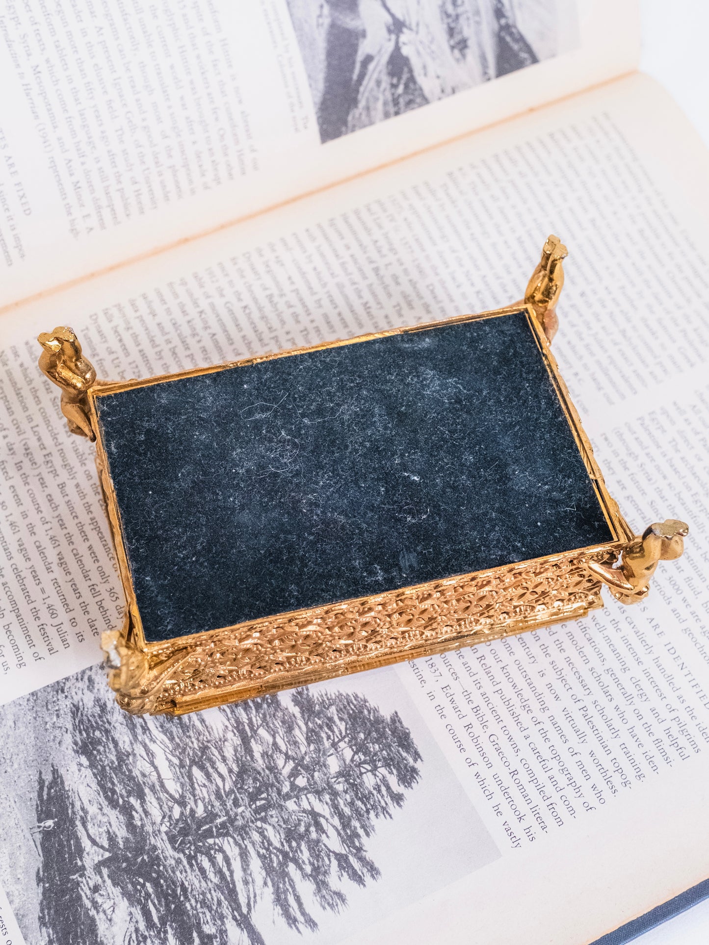 Vintage 1950s Brass Ormolu Filigree Cupid Footed Jewelry Box