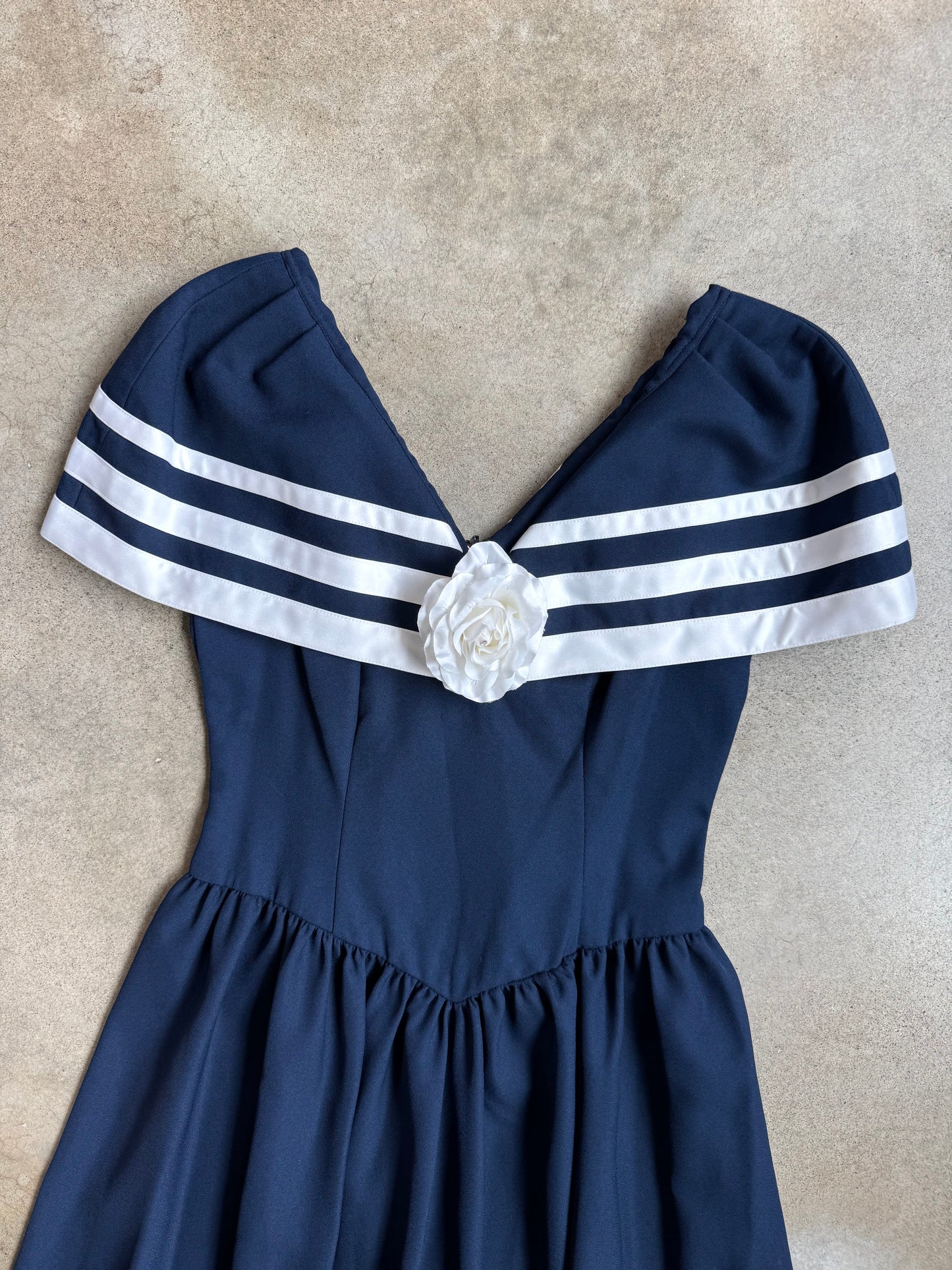 Vintage 1980s Navy Blue Tea-Length Sailor Dress | Medium