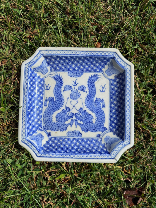 Vintage 1970s Blue & White Porcelain Twin Dragons Decorative Plate