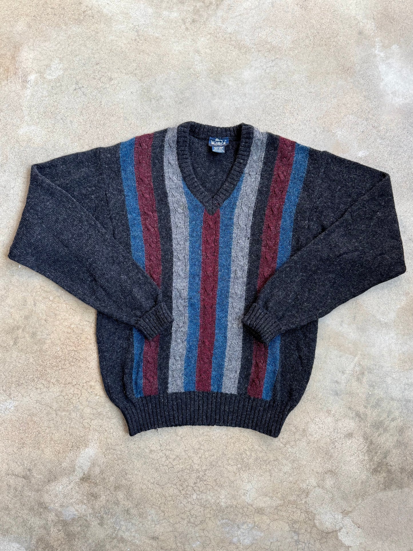 Vintage 1970s Woolrich Striped 100% Wool V-Neck Sweater | Large