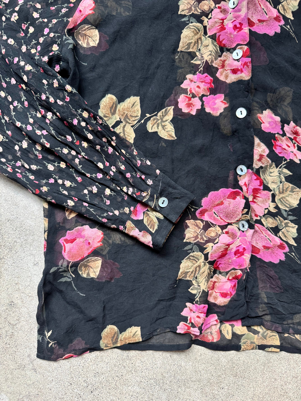 Vintage 1990s Tess Multi Floral Print 100% Silk Sheer Blouse | Large