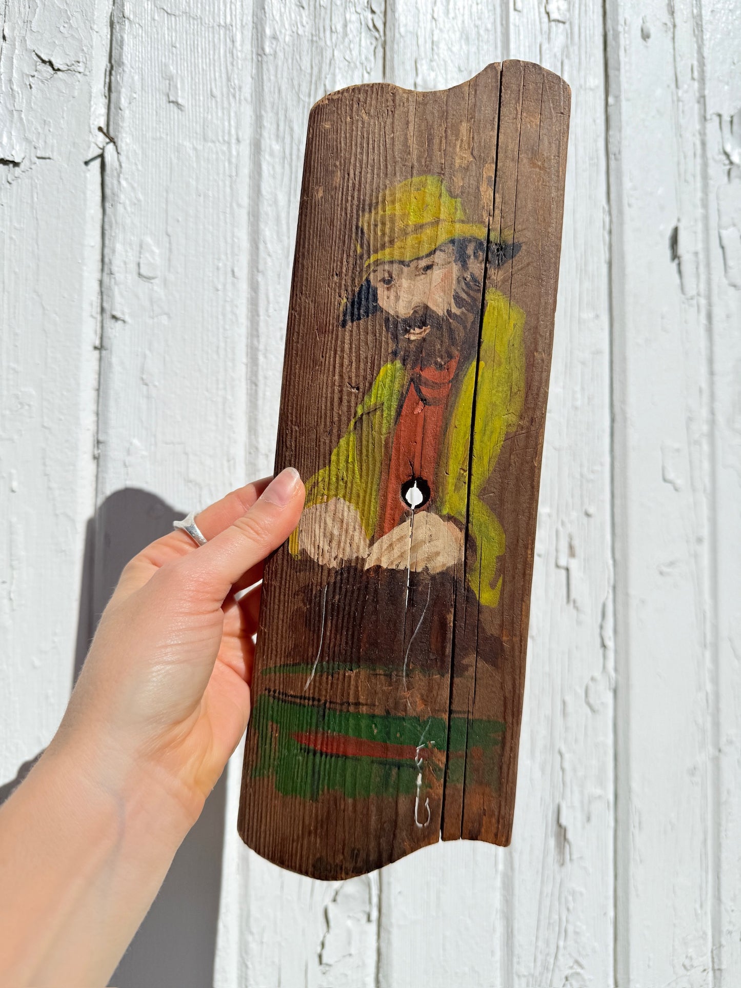 Vintage 1960s Down East Novelties Wood Slab "Fisherman" Oil Painting