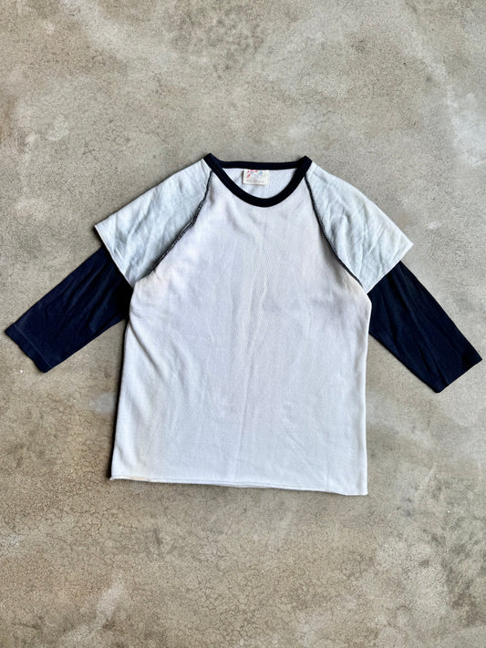 Vintage 1970s Raw America White & Navy Layered Sleeve Raglan Sweatshirt Tee | Large