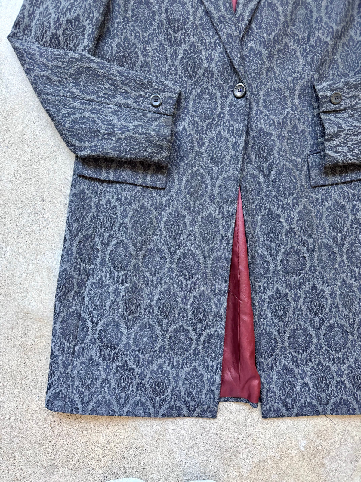 Vintage 1990s Jones New York Grey Brocade Jacquard Overcoat | Large