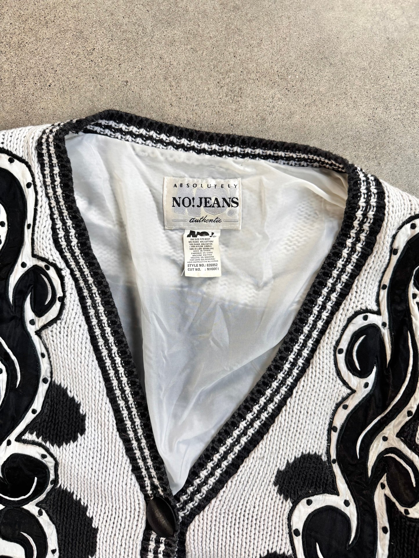 Vintage 1980s No! Jeans Black & White Floral Pattern Cardigan | One Size