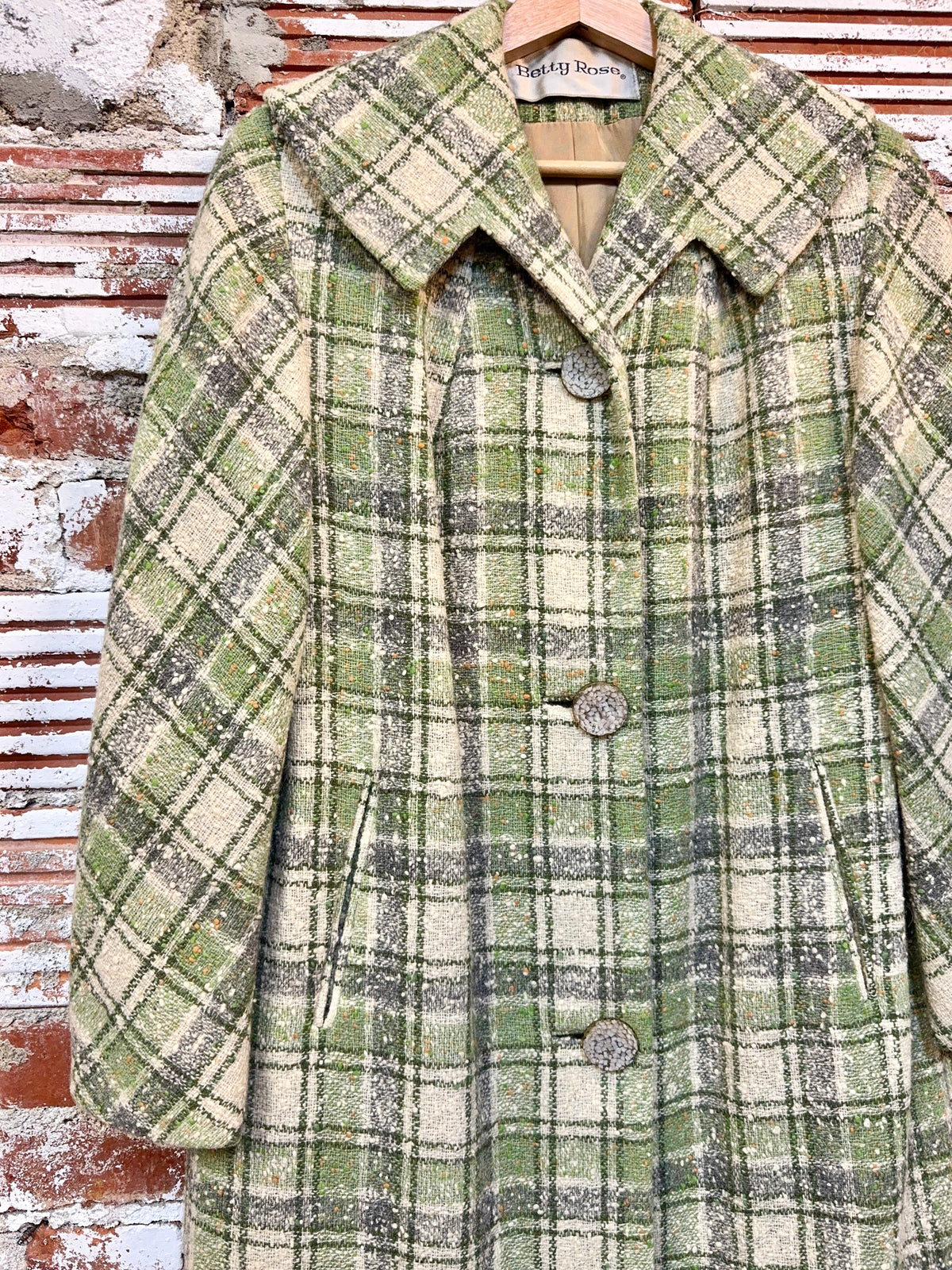 Vintage 1960s Betty Rose Green Plaid Wool Tweed Overcoat | S/M