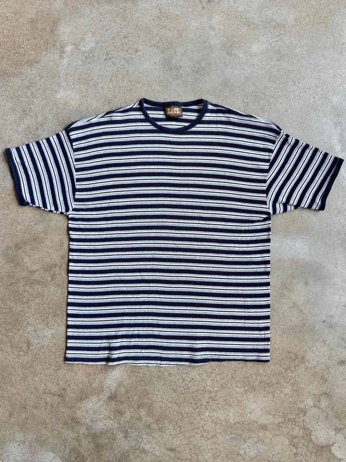Vintage 1990s Ragz Navy Blue Striped Cotton Ribbed Tee | XL