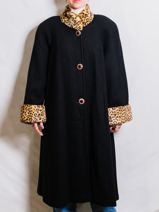 Vintage 1980s Lady Suzette Black Wool Cheetah Print Trim Swing Coat | XL