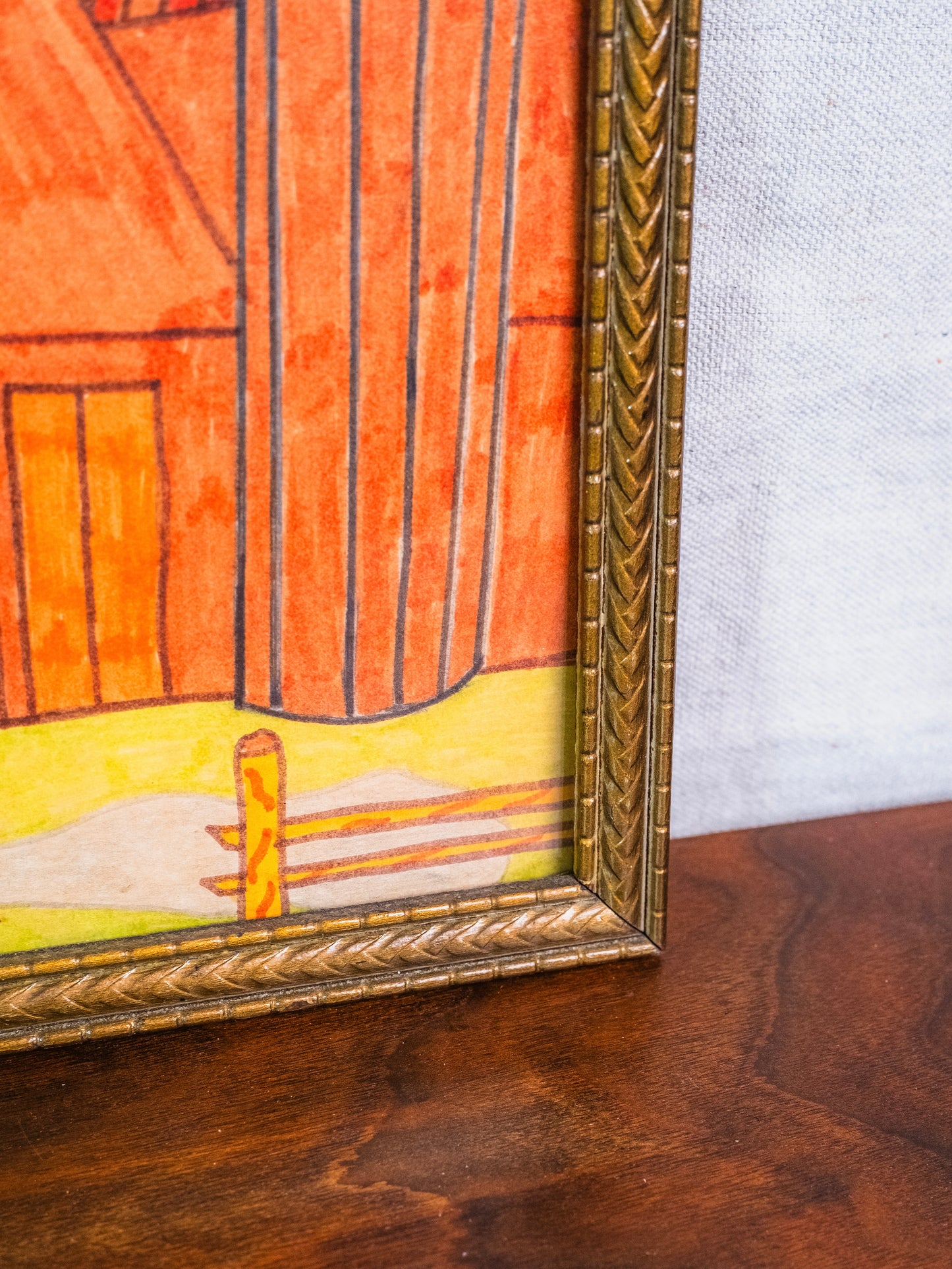 Vintage 1950s Framed Original "Red Barn" Folk Art Drawing