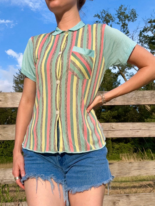 Vintage 1940s Binstron Lovely Lingerie Striped Short Sleeve Shirt | Small