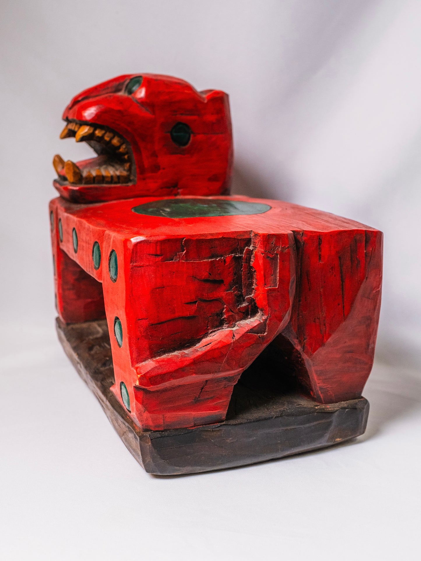 Wood-Carved Hand-Painted Red Jaguar Footstool