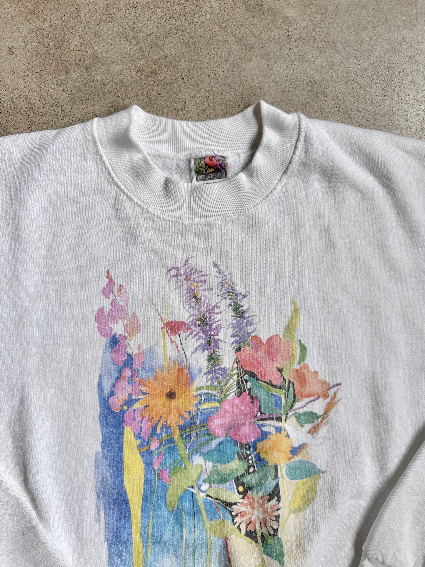 Vintage 1990s Marian Steen Watercolor Flowers Graphic Crewneck Sweatshirt | Large