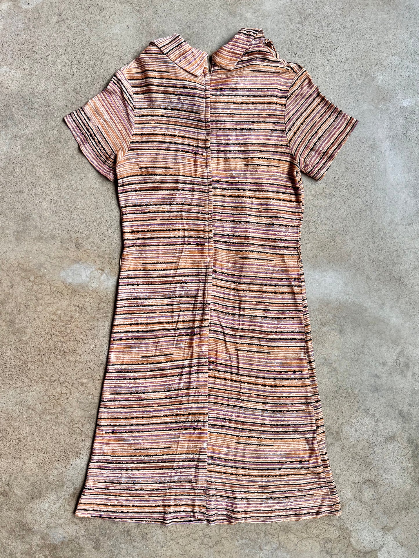 Vintage 1940s Multi-Color Abstract Stripe Collared Tie-Neck Dress | Small