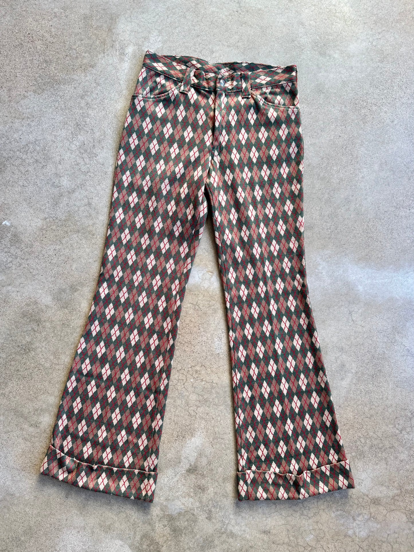 Vintage 1960s Argyle Knit Cuffed Flare Trousers | Small