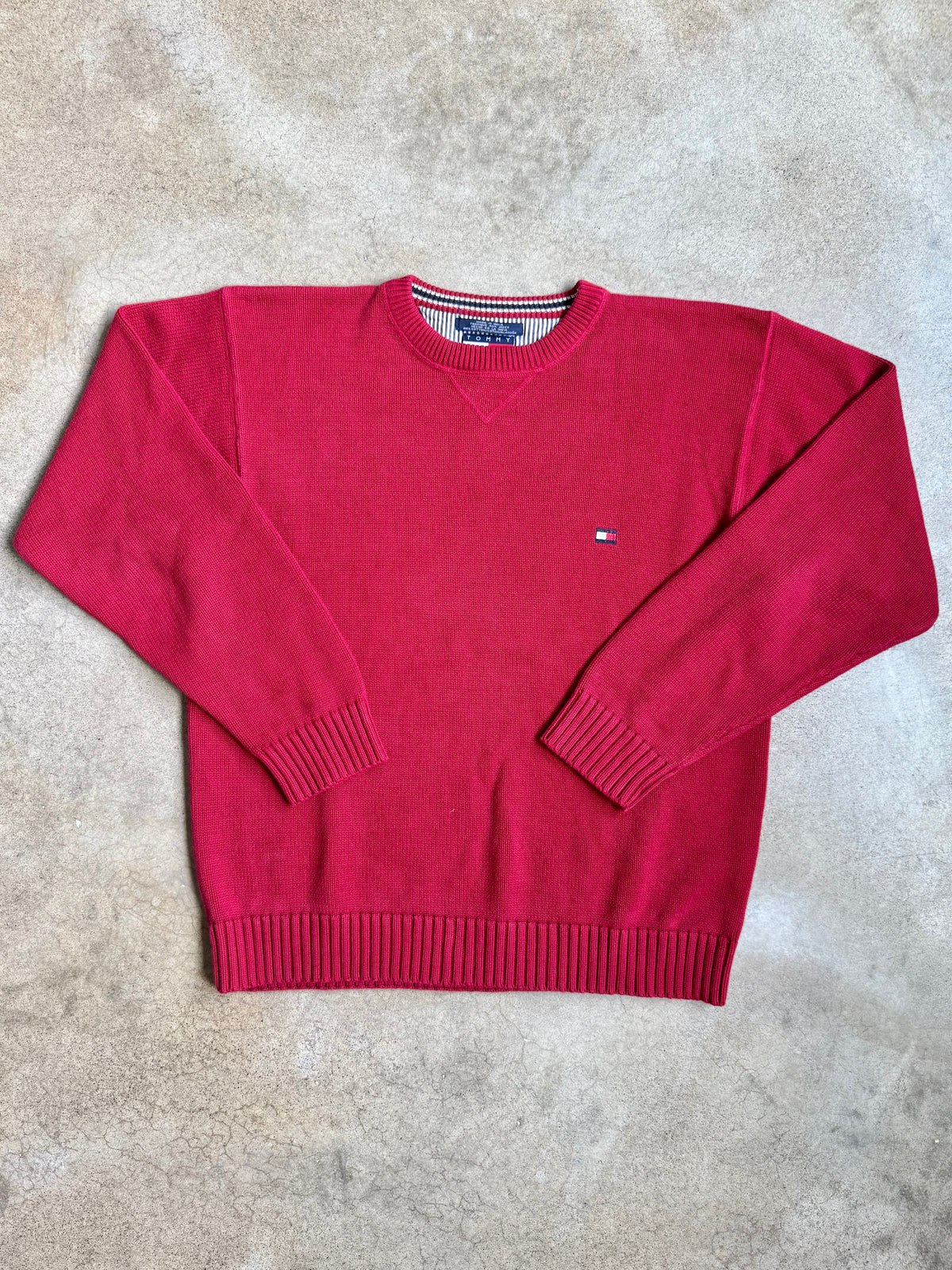 Vintage 1990s Tommy Hilfiger Red Cotton Crewneck Sweater | XL