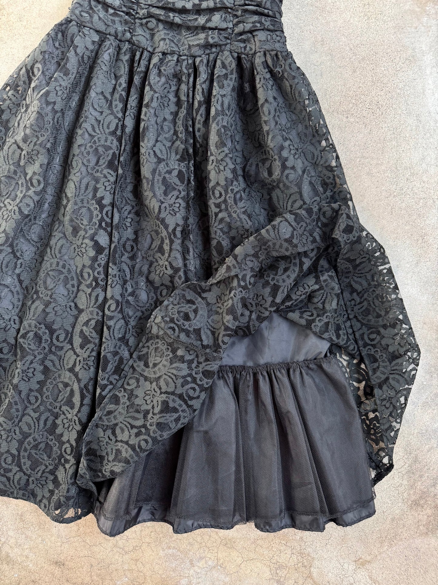 Vintage 1980s Black Floral Lace Tea-Length Formal Dress | XS