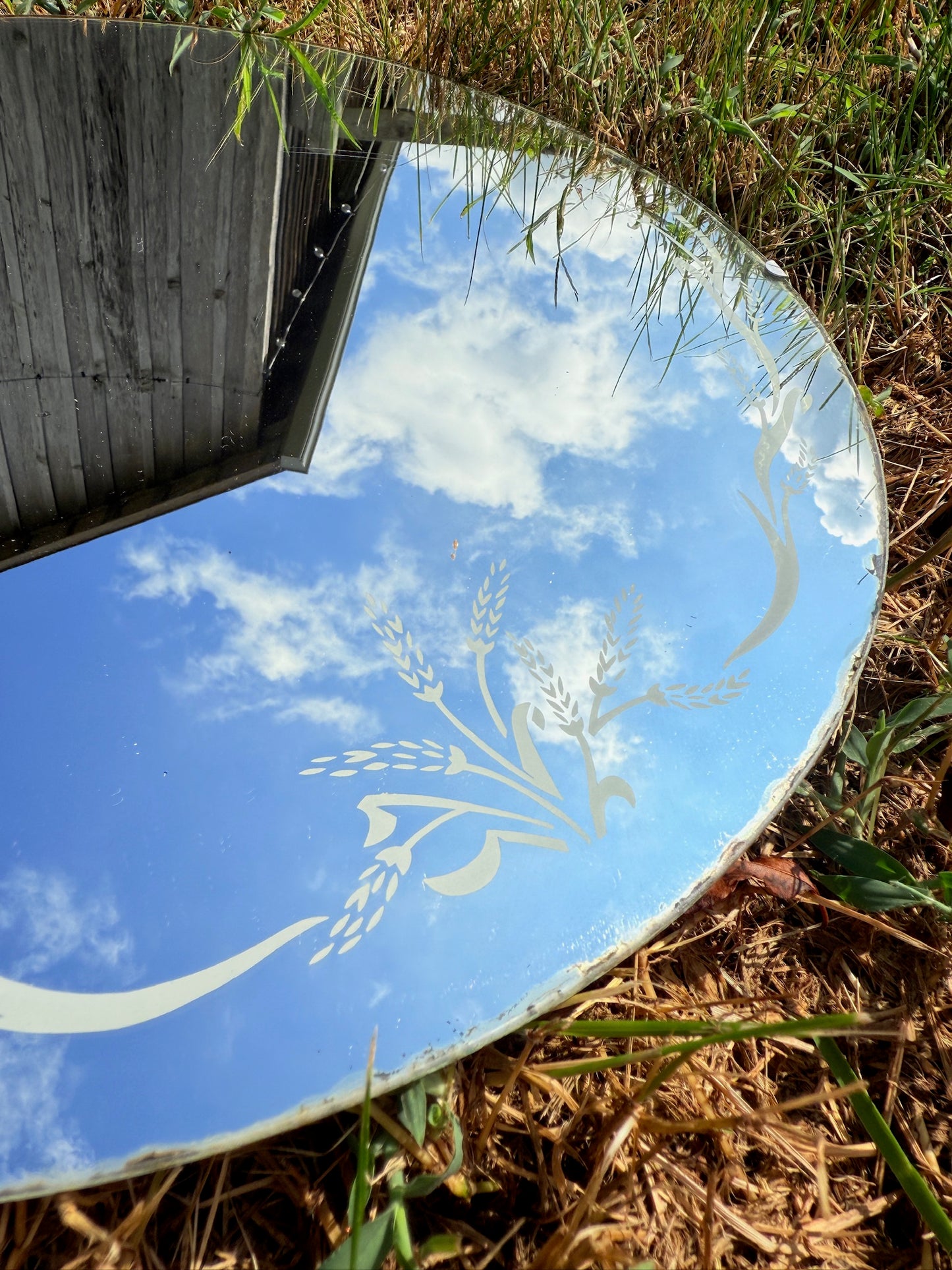 Vintage 1940s Round Floral Printed Mirror