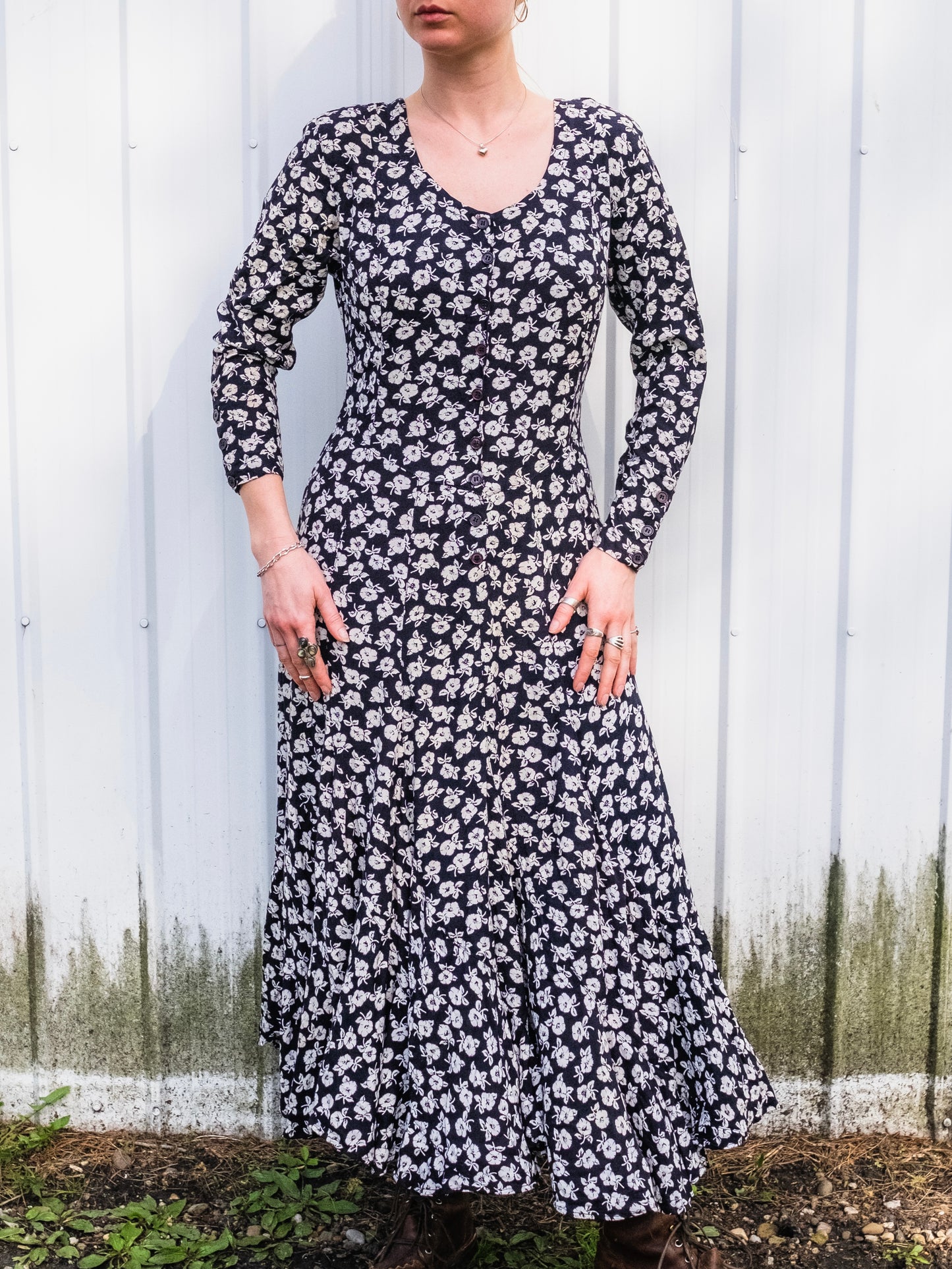 Vintage 1980s Nostalgia Floral Long Sleeve Button-Front Maxi Dress | Medium
