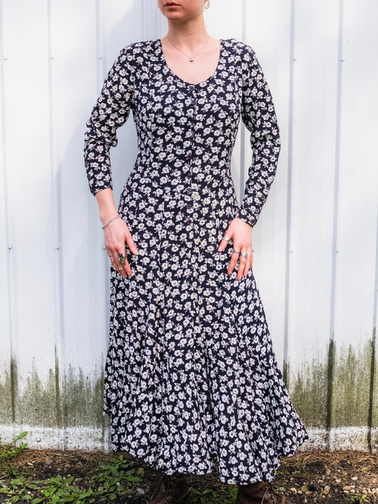 Vintage 1980s Nostalgia Floral Long Sleeve Button-Front Maxi Dress | Medium