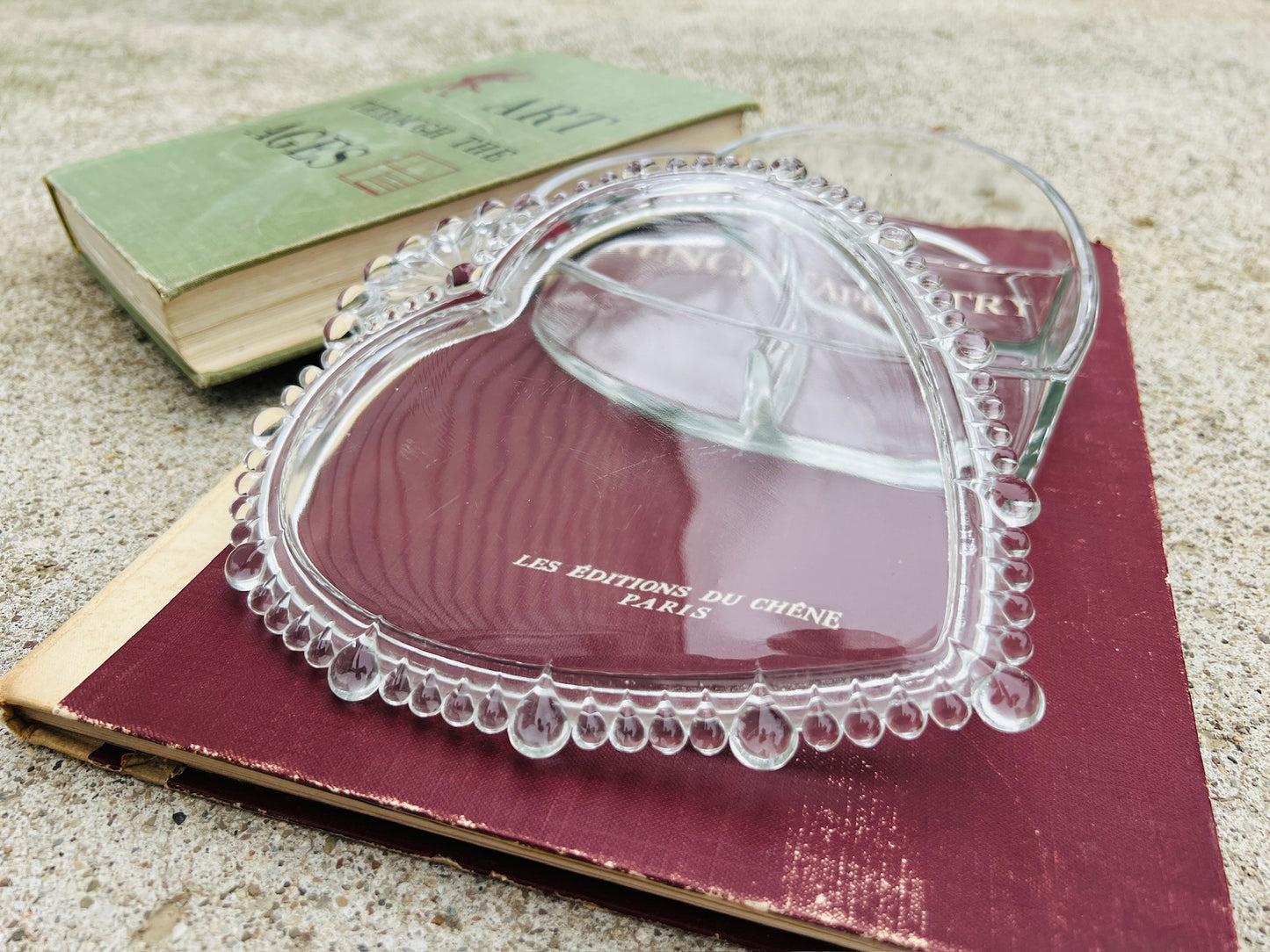 Vintage 1980s Glass Heart Three Compartment Trinket Box