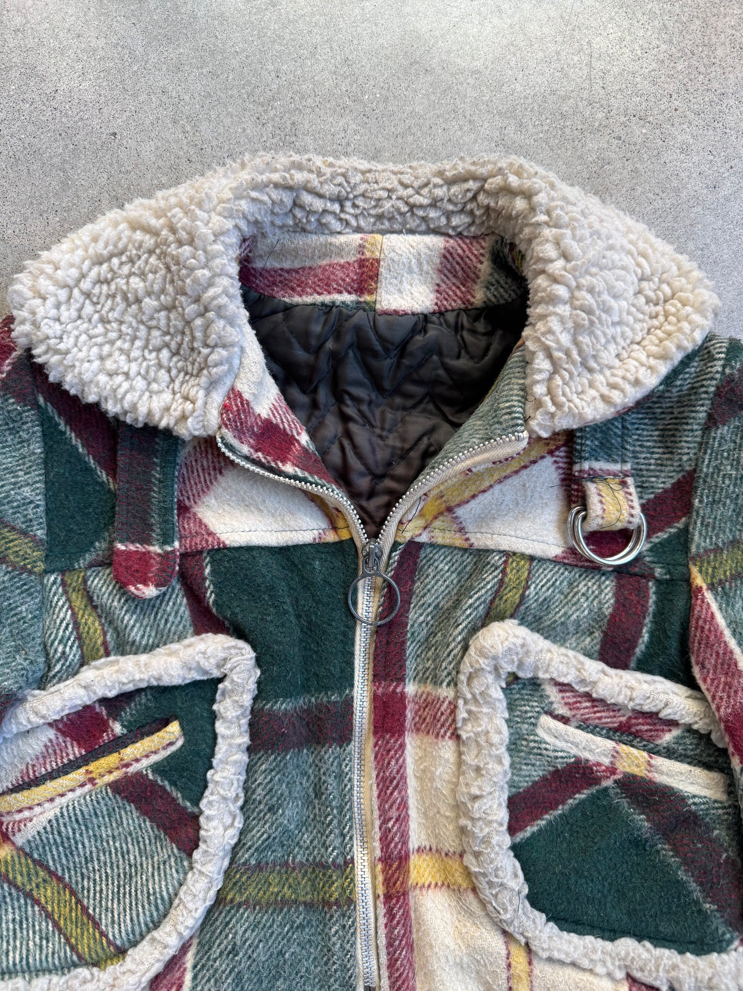 Vintage 1970s Green & Red Plaid Sherpa Lined Cropped Jacket | XS