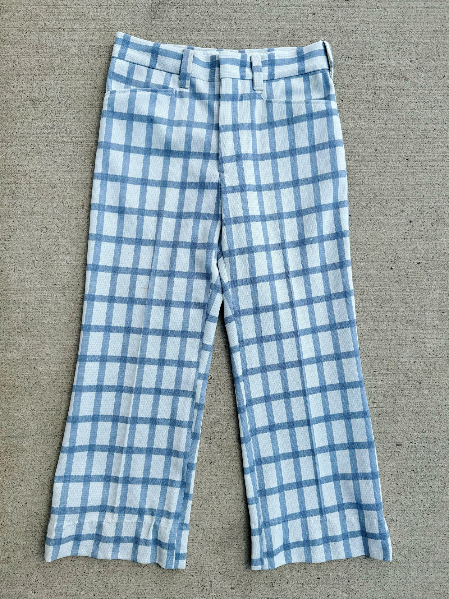 Vintage 1970s Blue/White Plaid Polyester Wide Leg Pants