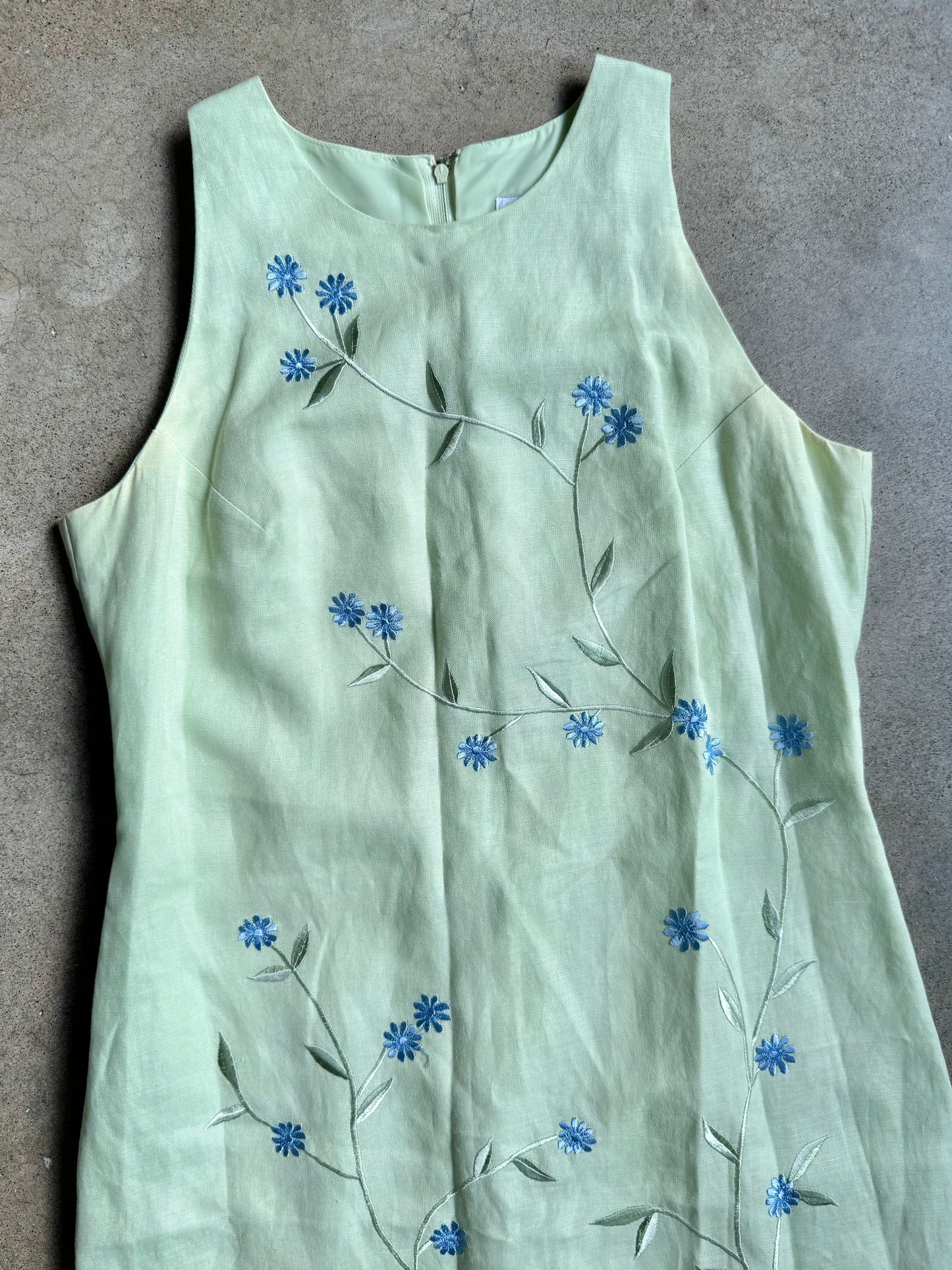 Vintage Plaza South Green & Blue Floral Embroidered Linen-Blend Maxi Dress | Small