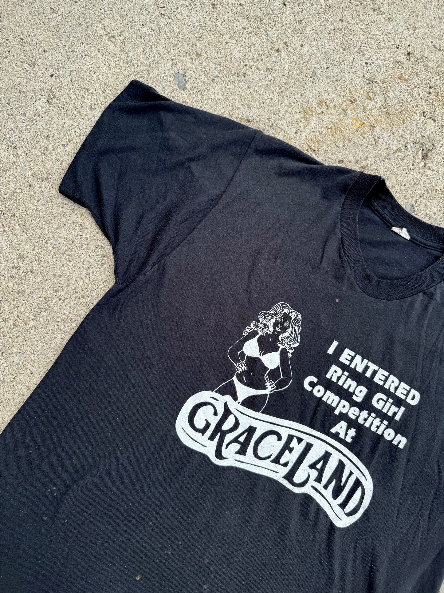 Vintage 1980s Graceland Ring Girl Competition Black Graphic Tee | Large