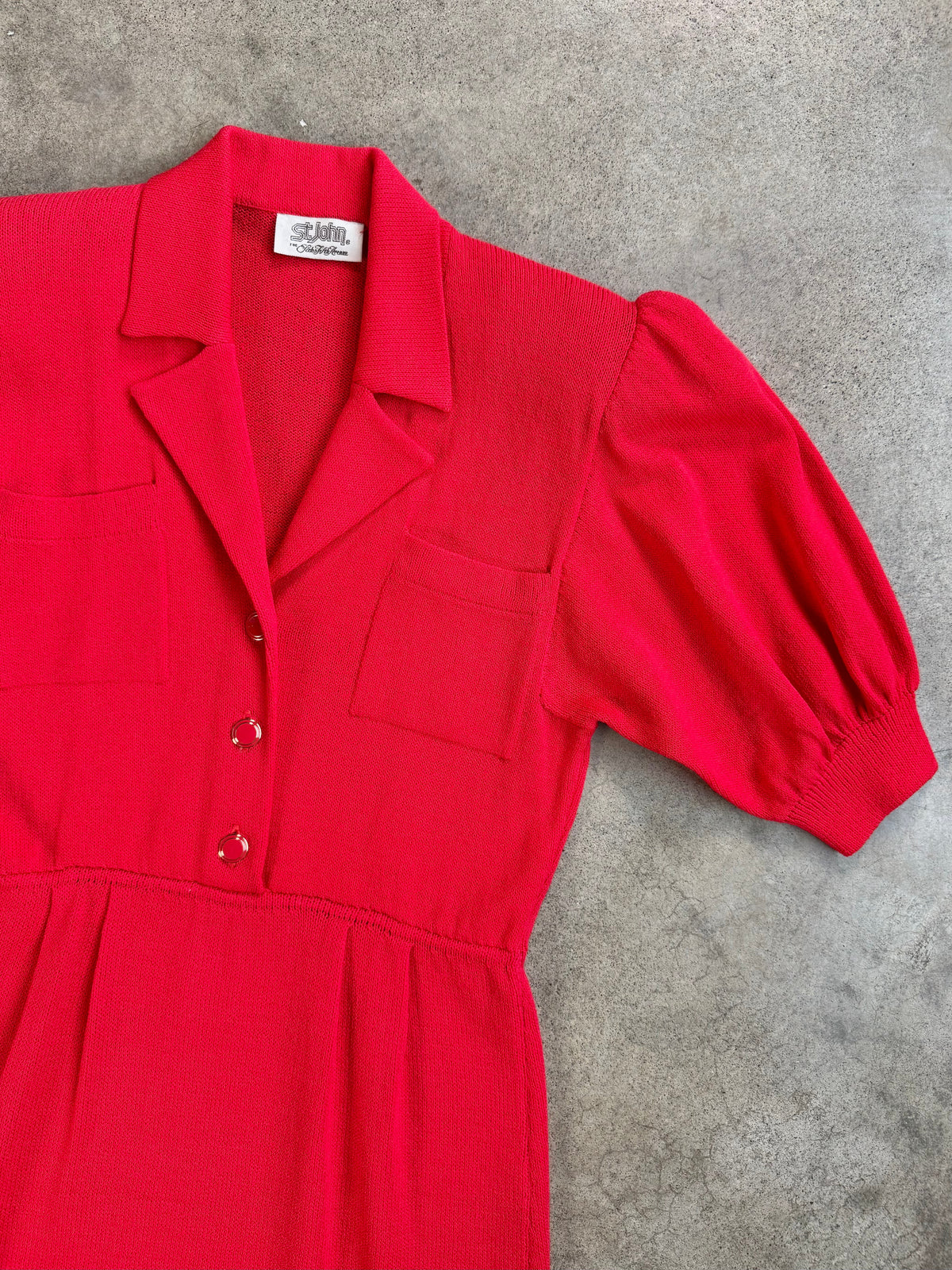 Vintage 1980s St. John for Saks Fifth Ave Red Puff Sleeve Button-Front Knit Dress | S/M