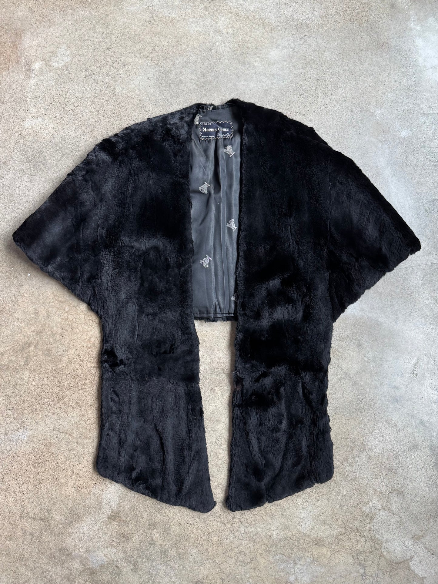 Vintage 1940s Morris Cohen Black Shaved Rabbit Fur Stole