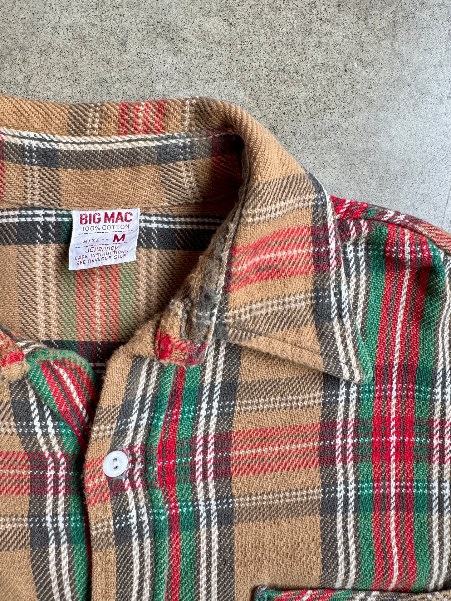 Vintage 1960s Big Mac Tan Plaid Woven Cotton Button-Up Shirt | Medium
