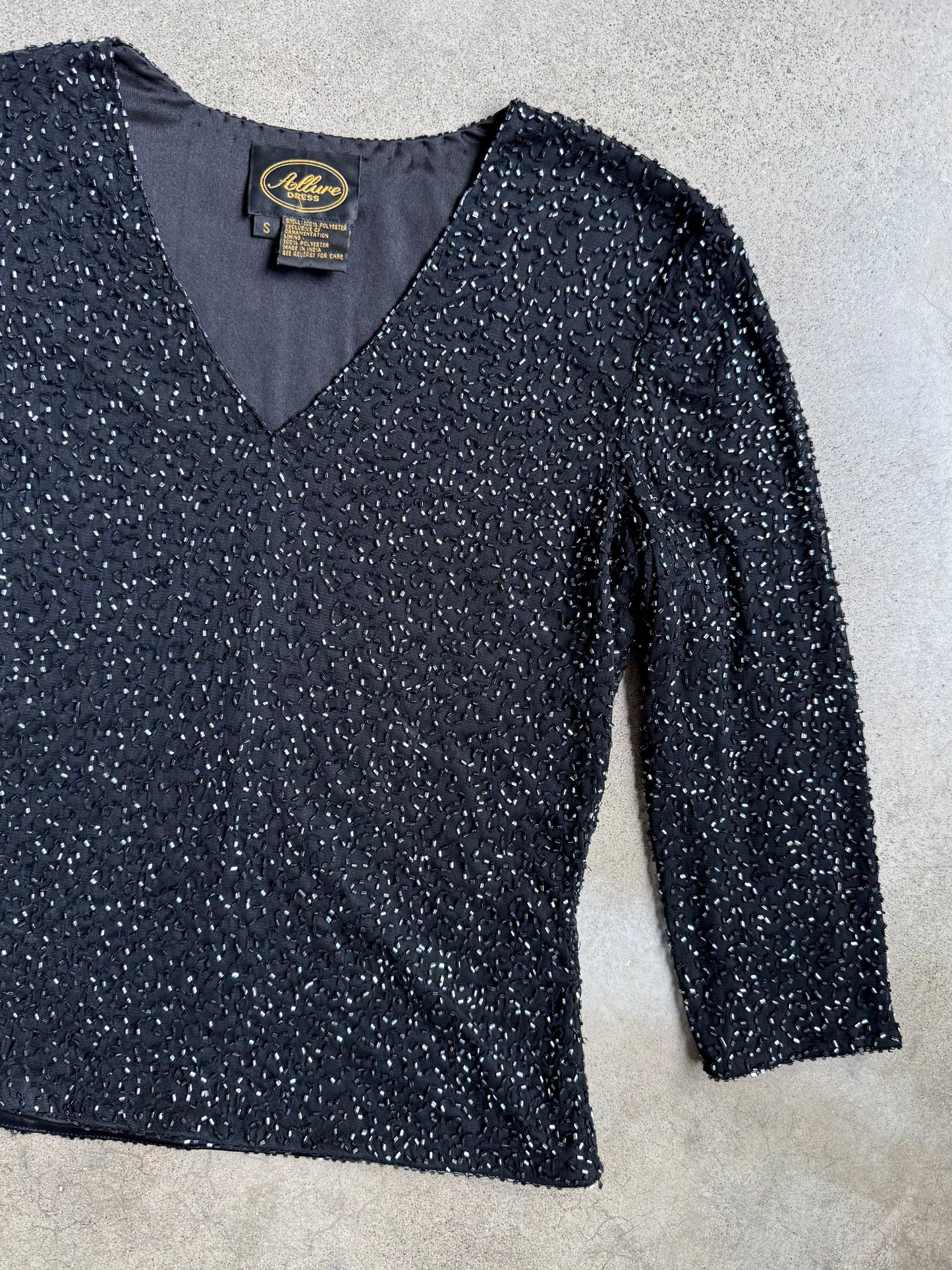 Vintage 1990s Allure Black Beaded V-Neck Top | Small