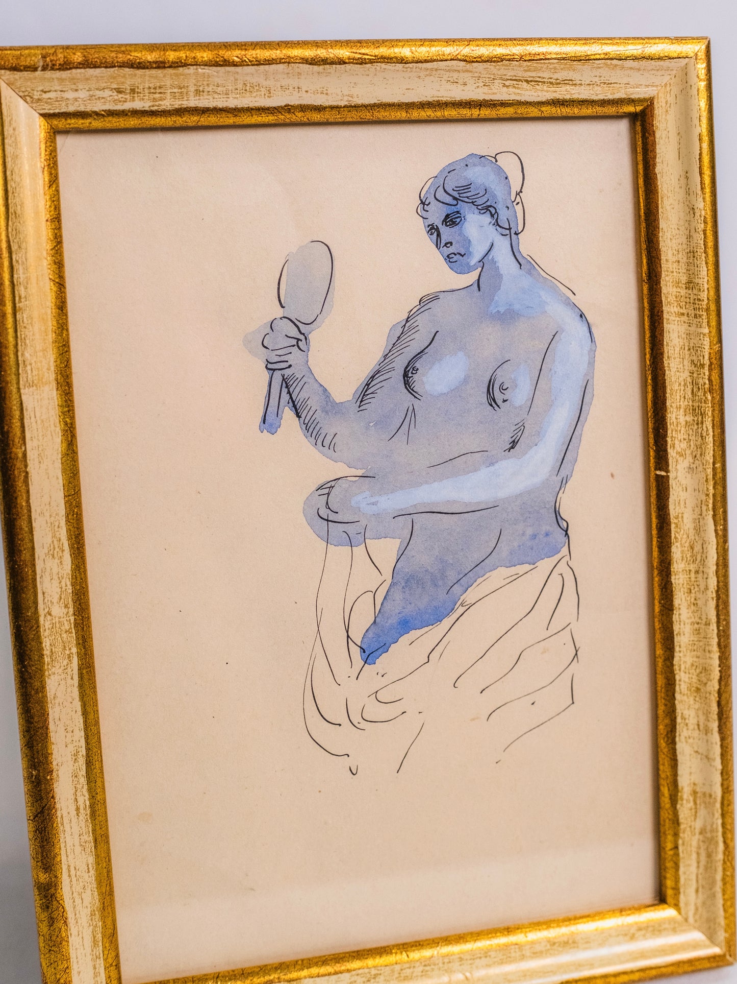 Vintage 1950s Framed Original Watercolor "Nude Woman" Artwork