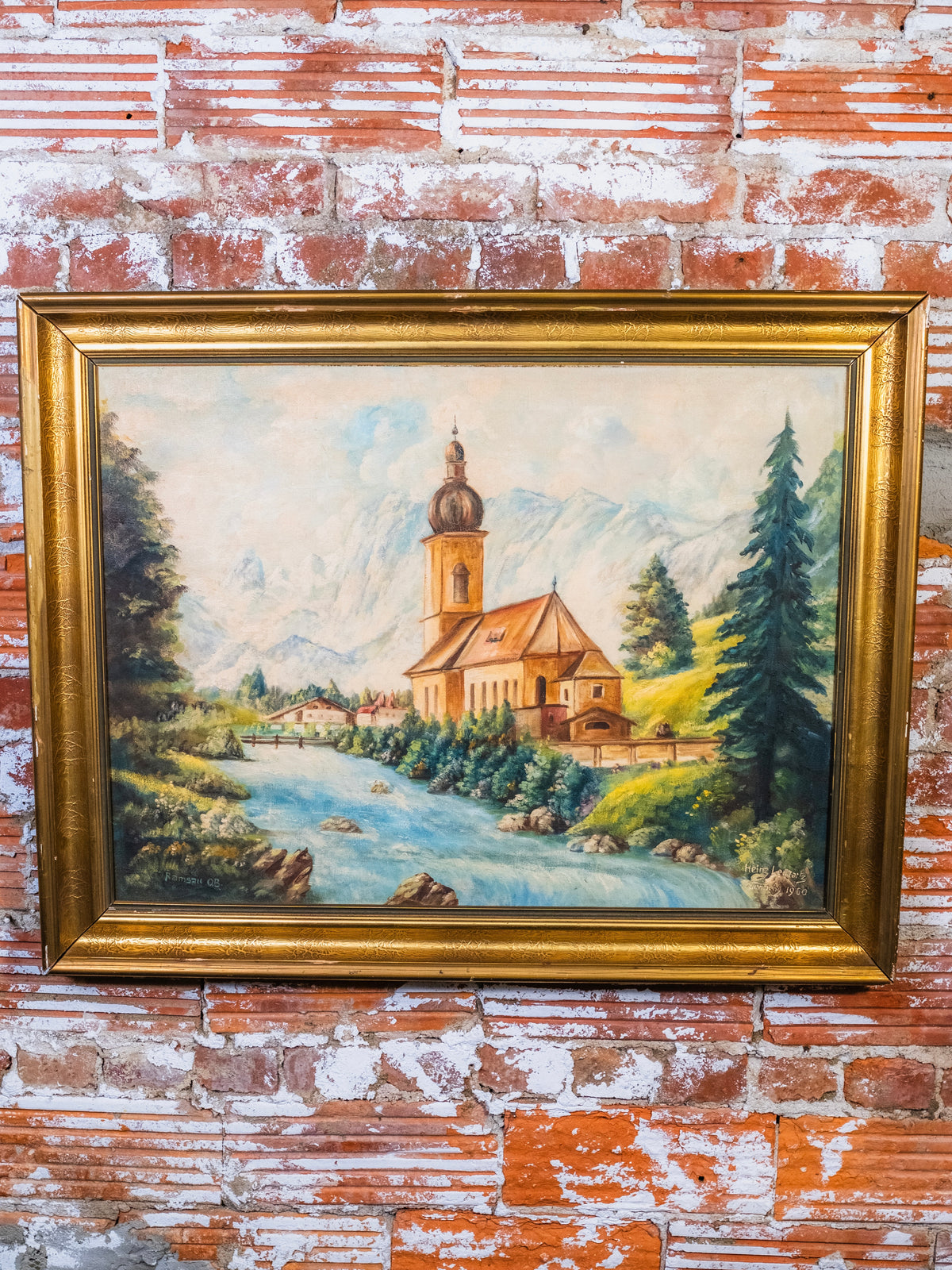 Vintage 1960s Framed “Parish Church of St. Sebastian” Oil Painting | Signed